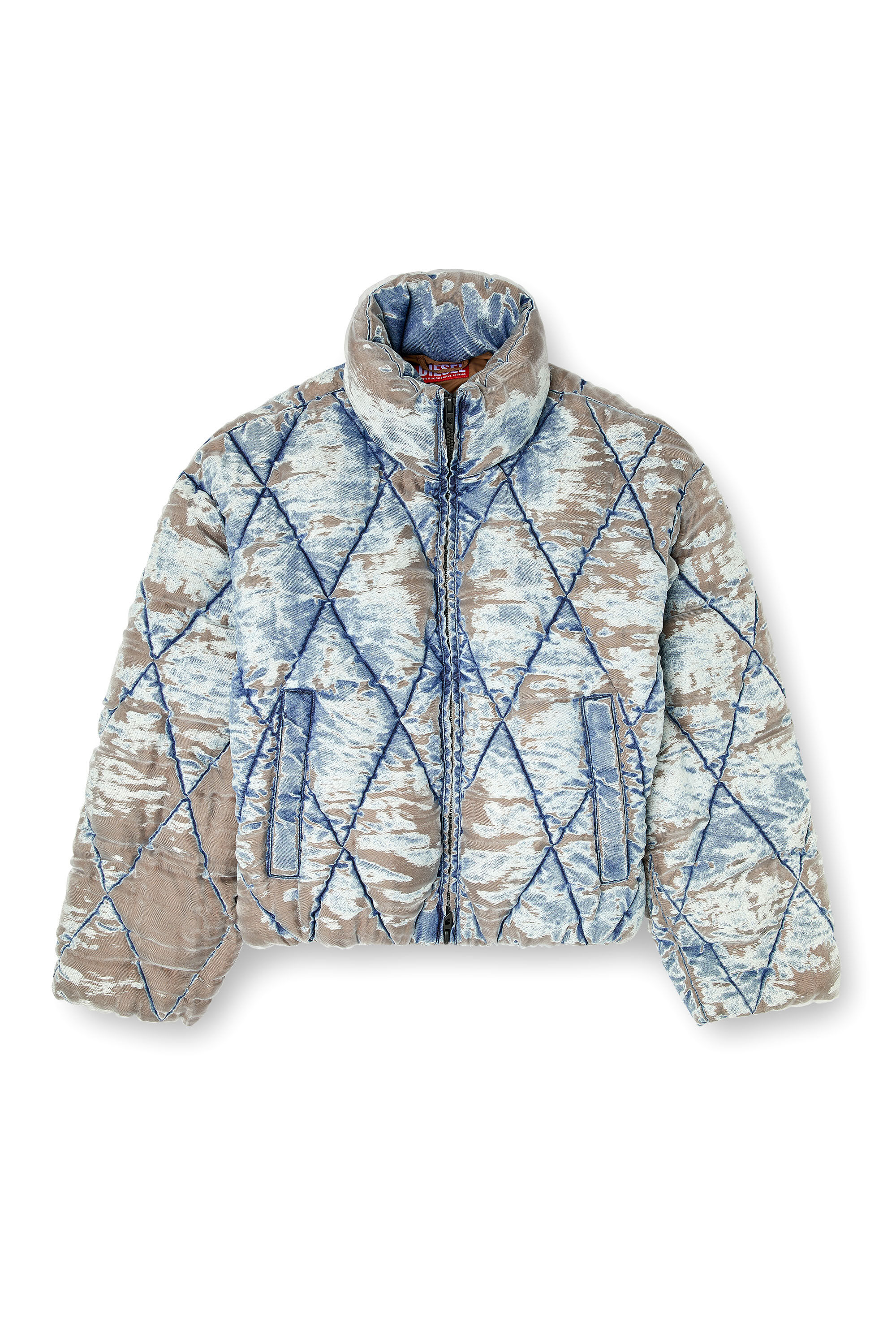 Diesel - W-KONS, Herren Wattierte Jacke aus Argyle-gestepptem Dévoré-Denim in null - 2