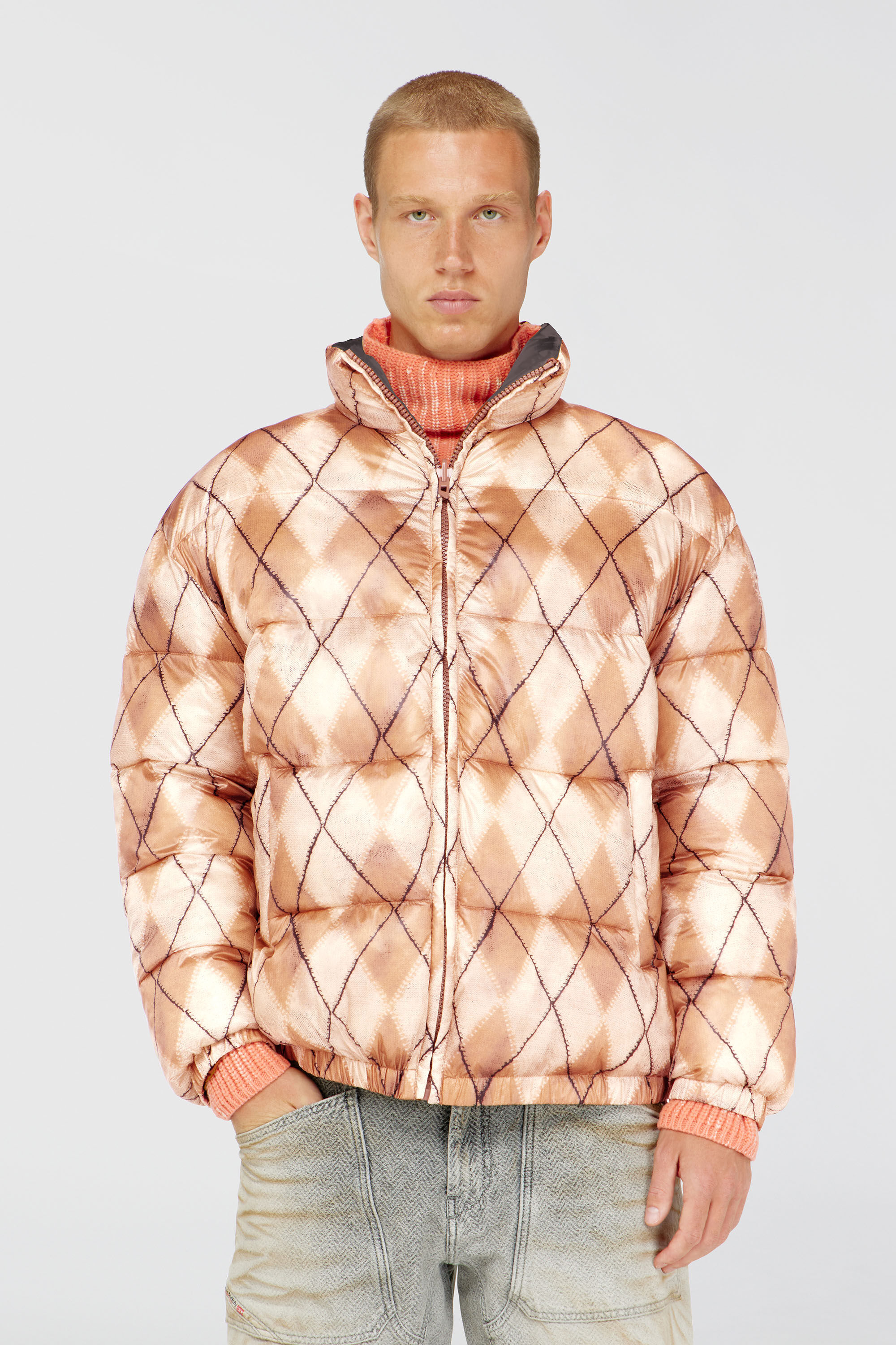 Diesel - W-BOURB-DLCK, Herren Wendbare Steppjacke mit argyle-print in Beige/Grau - 3