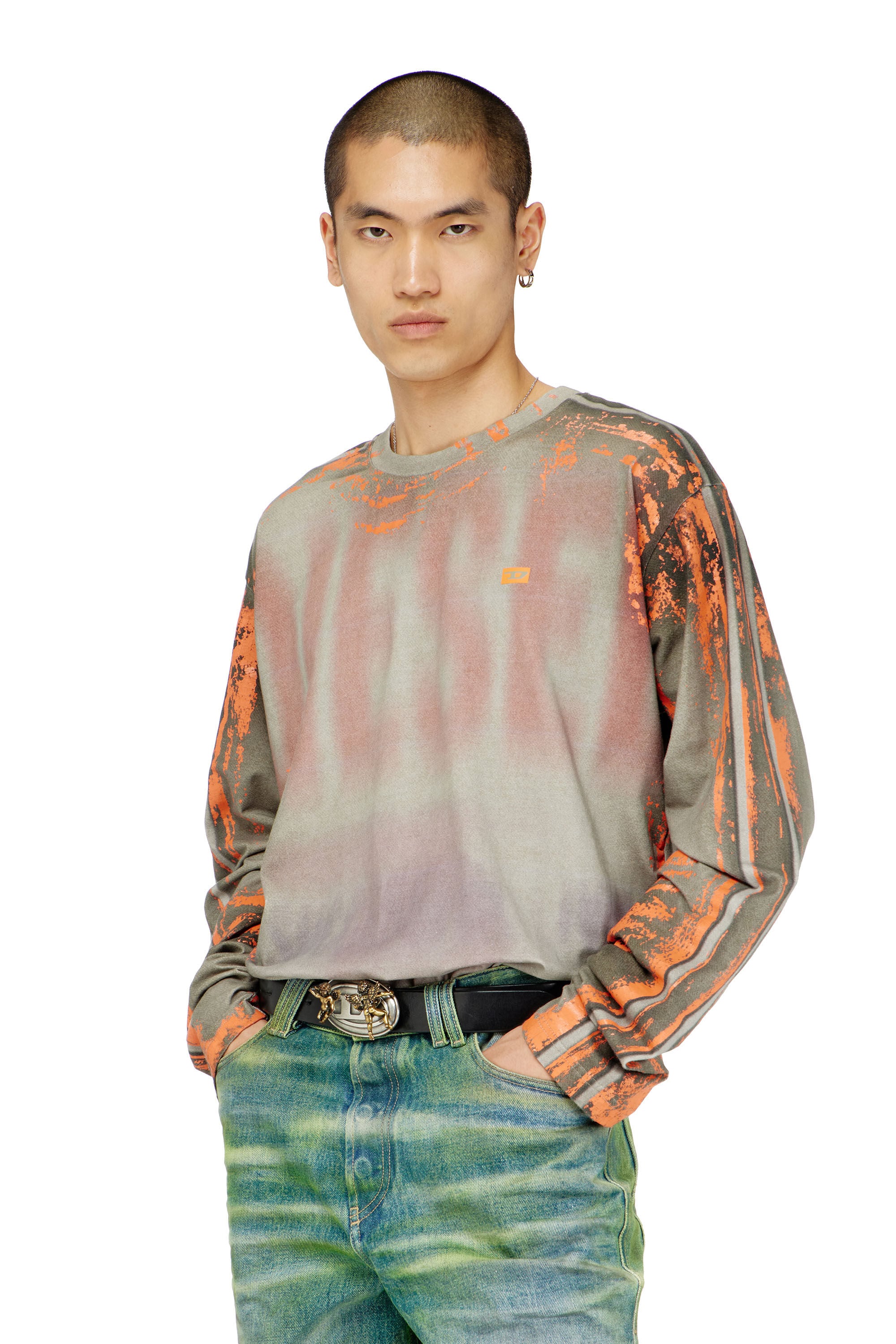 Diesel - T-FILMY, Herren Langarmshirt aus Cracked Jersey in Rosa/Grau - 3
