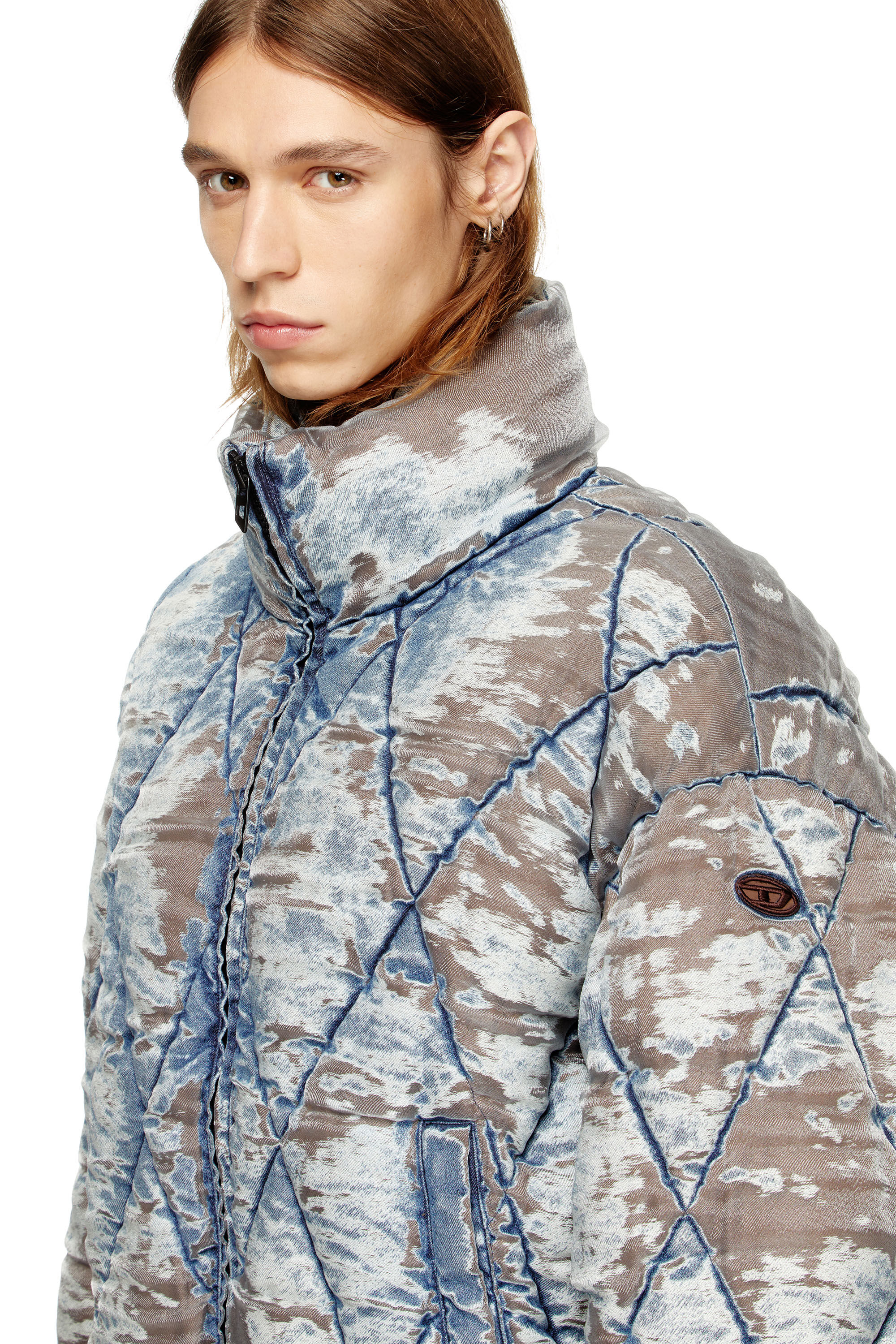 Diesel - W-KONS, Herren Wattierte Jacke aus Argyle-gestepptem Dévoré-Denim in null - 5