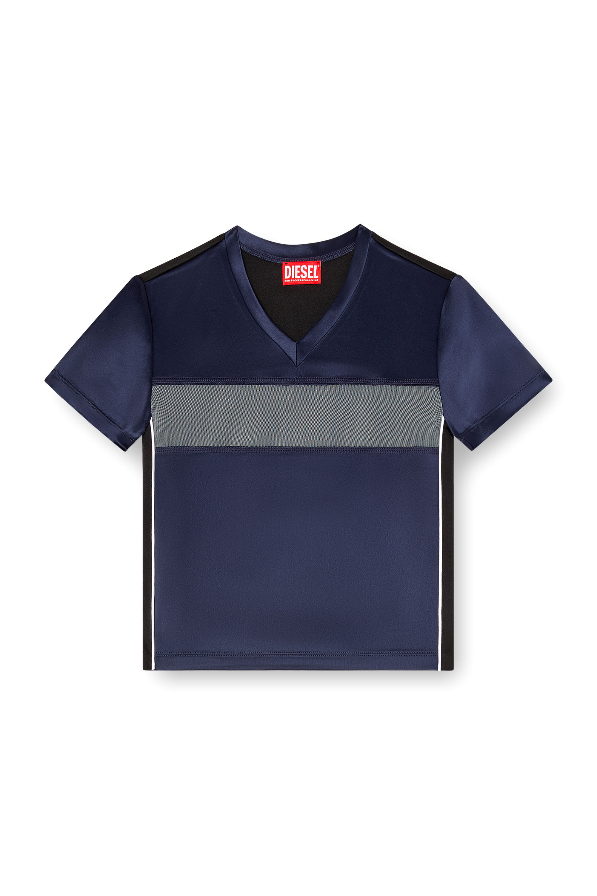 Diesel - T-RACE, Damen Kurzes T-Shirt aus Satin, Strick und Tüll in Dunkelblau - 2
