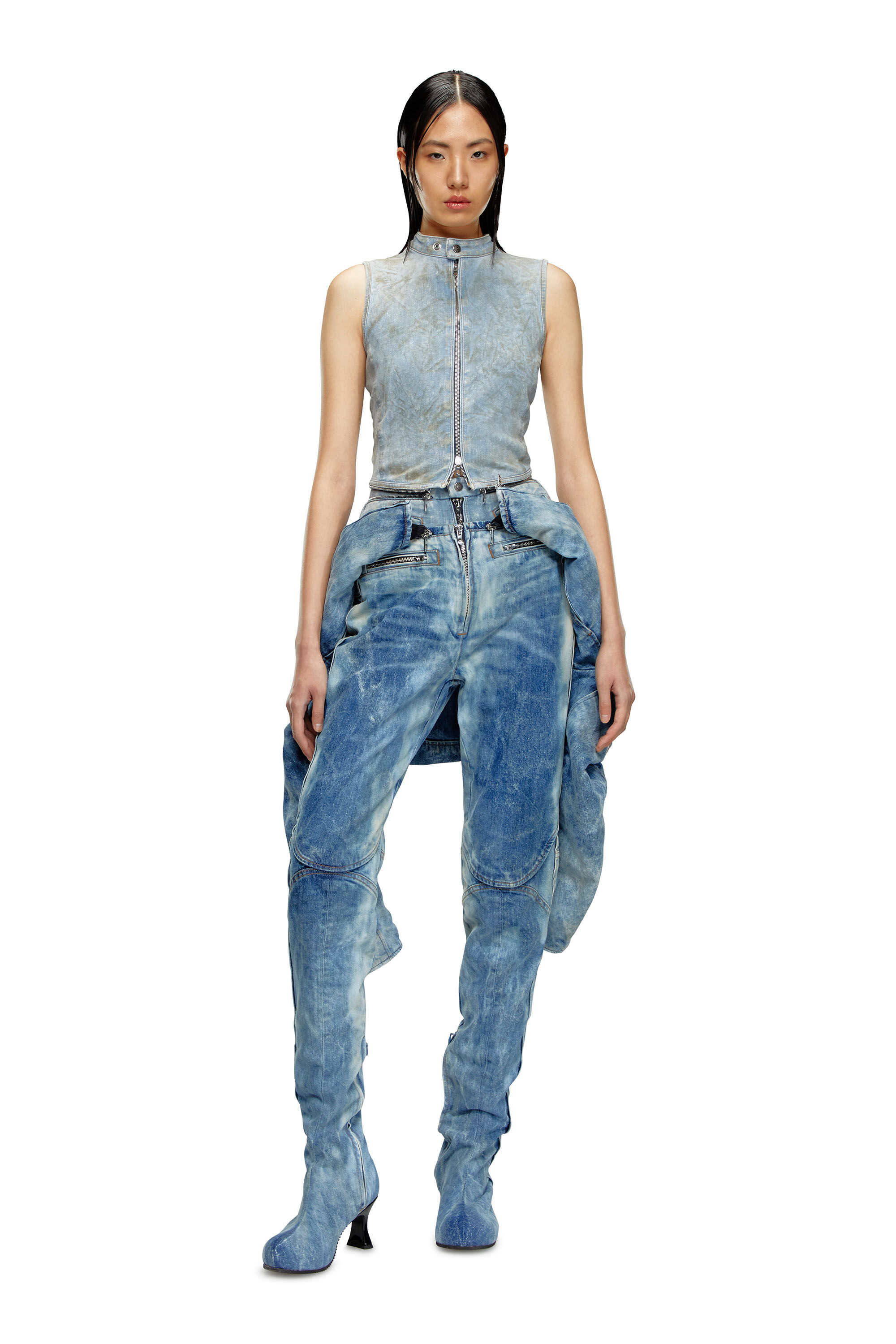 Women's Second-skin denim top with biker details | Blue | Diesel