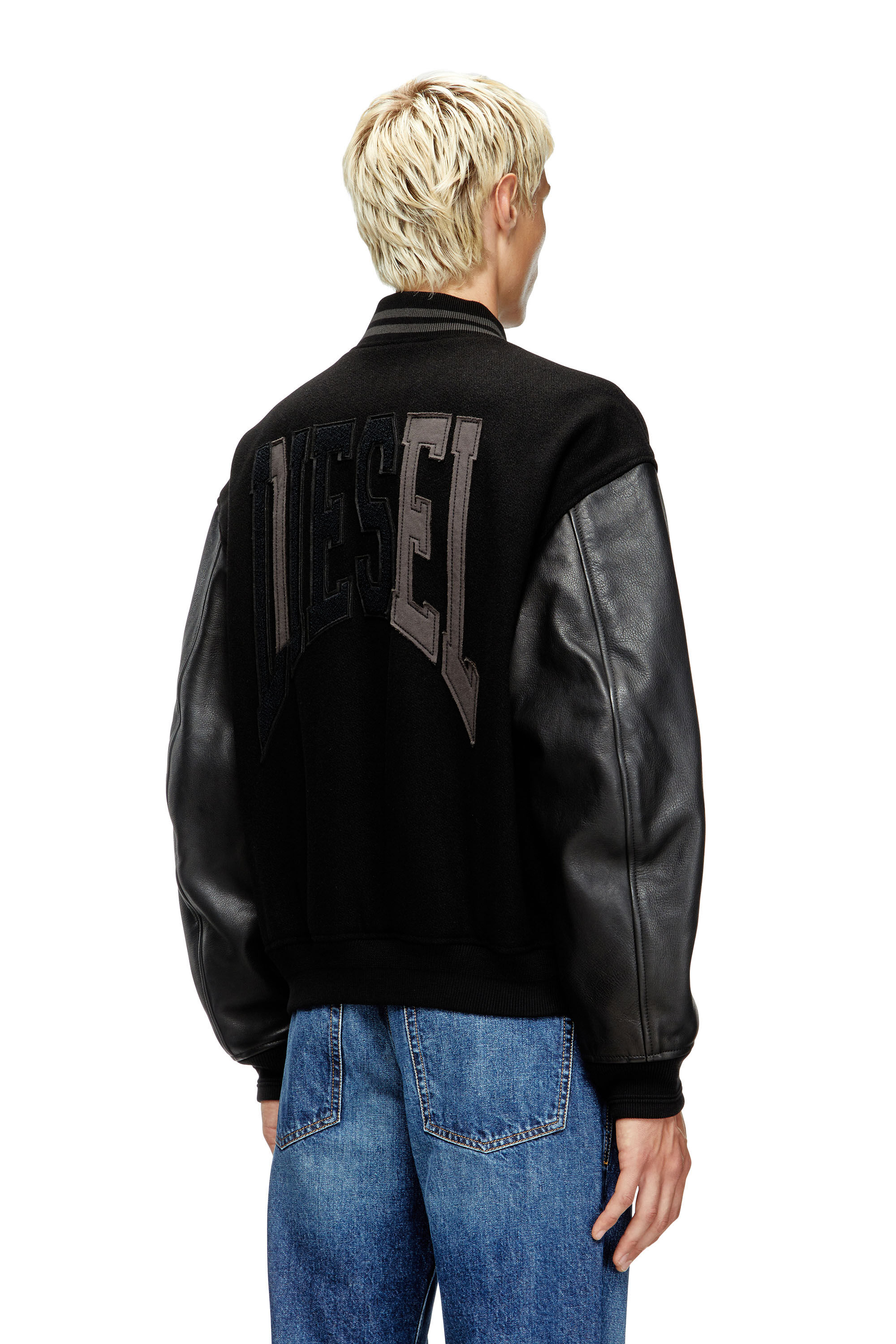 Diesel - L-NYMAN, Herren Varsity-Bomberjacke aus Baumwolle und Leder in Schwarz - 4