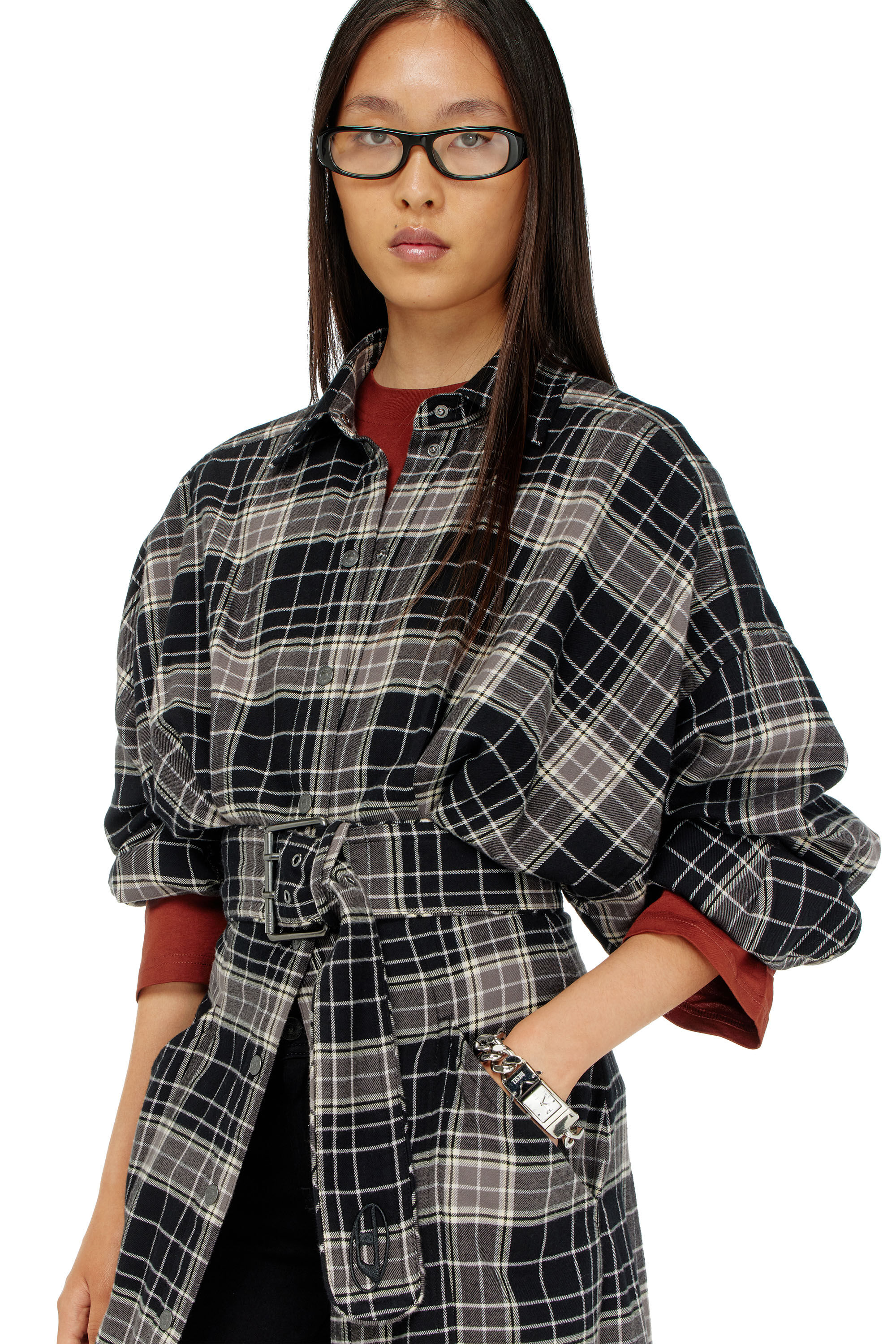 Diesel - D-EDALUS, Damen Midikleid aus kariertem Flanell mit breitem G&uuml;rtel in Grau/Schwarz - 5