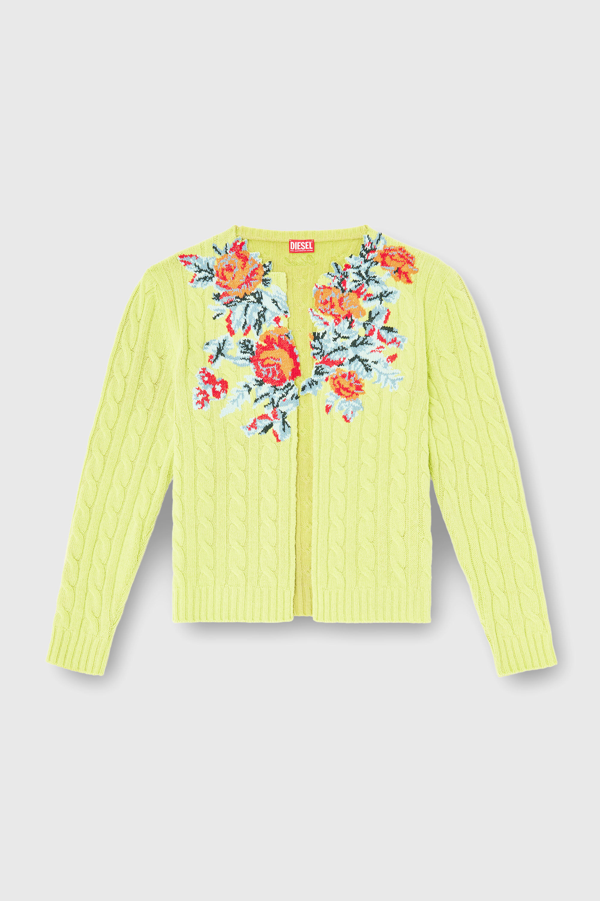 Diesel - K-RINO, Herren Offener Cardigan aus floraler Zopfmusterstrick in Neongelb - 2
