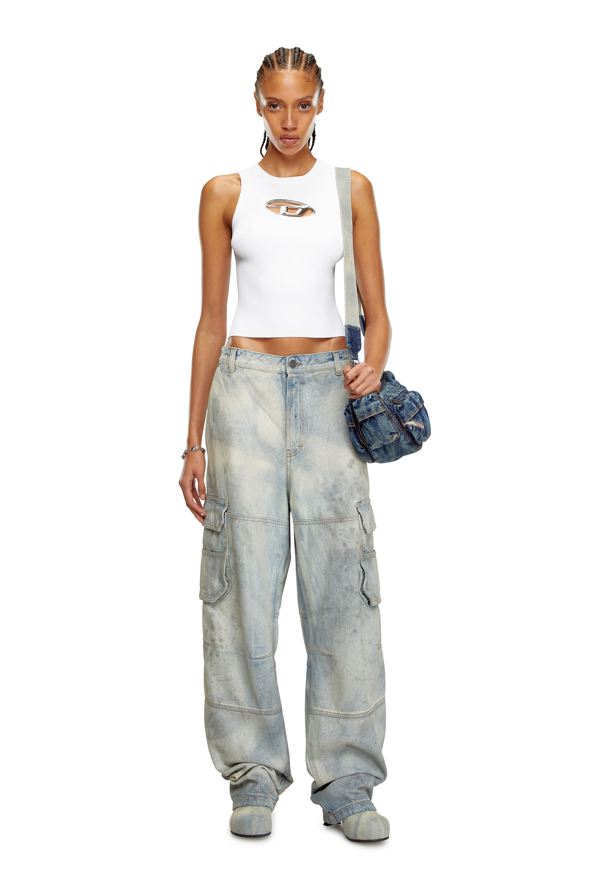 Diesel - M-ONERVA-TOP, Damen Cutout-Stricktop mit Logo-Plakette in Wei&szlig; - 1