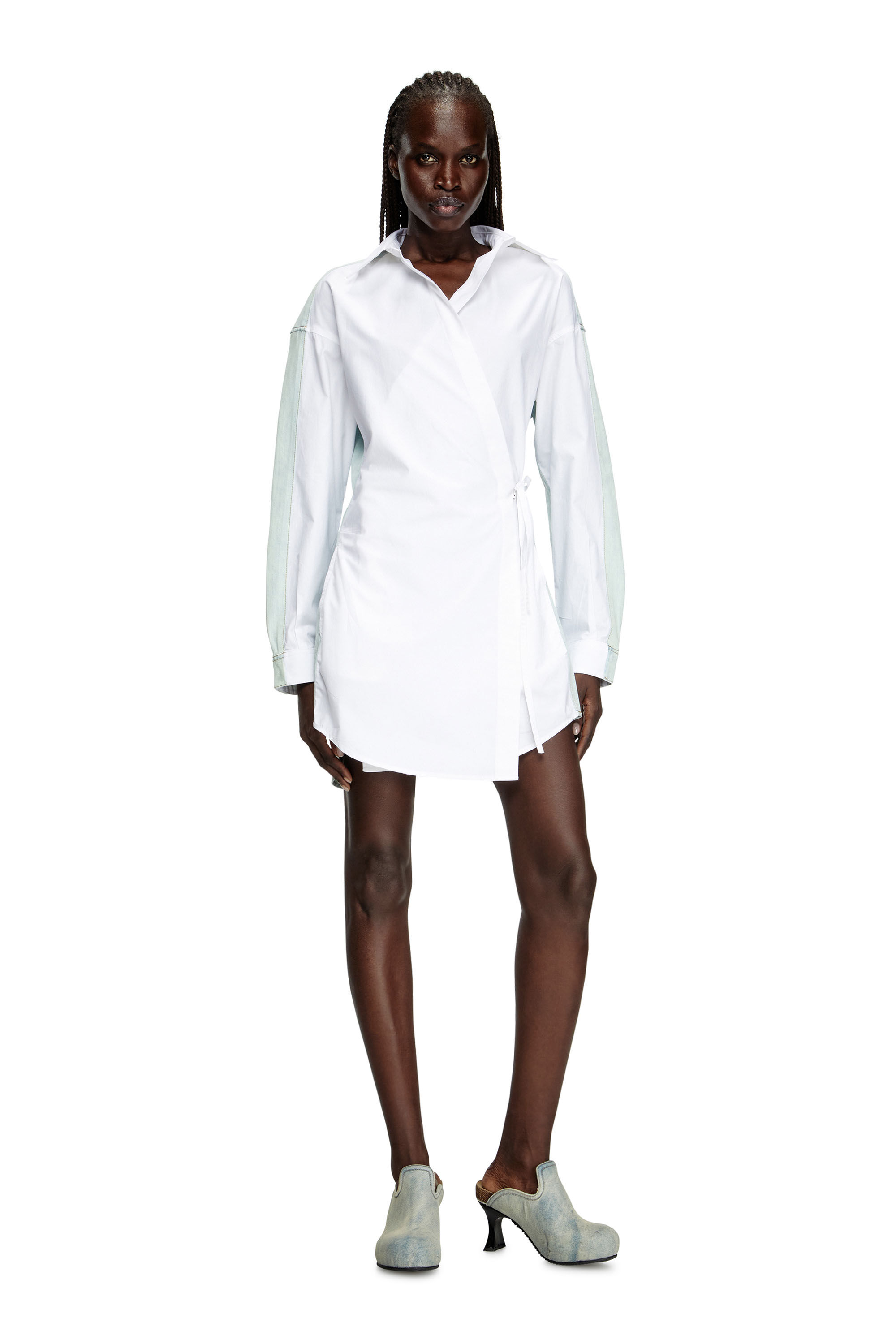 Diesel - D-ELPHI-DEN, Damen Wickel-Shirtkleid aus Popeline und Denim in Weiß - 1