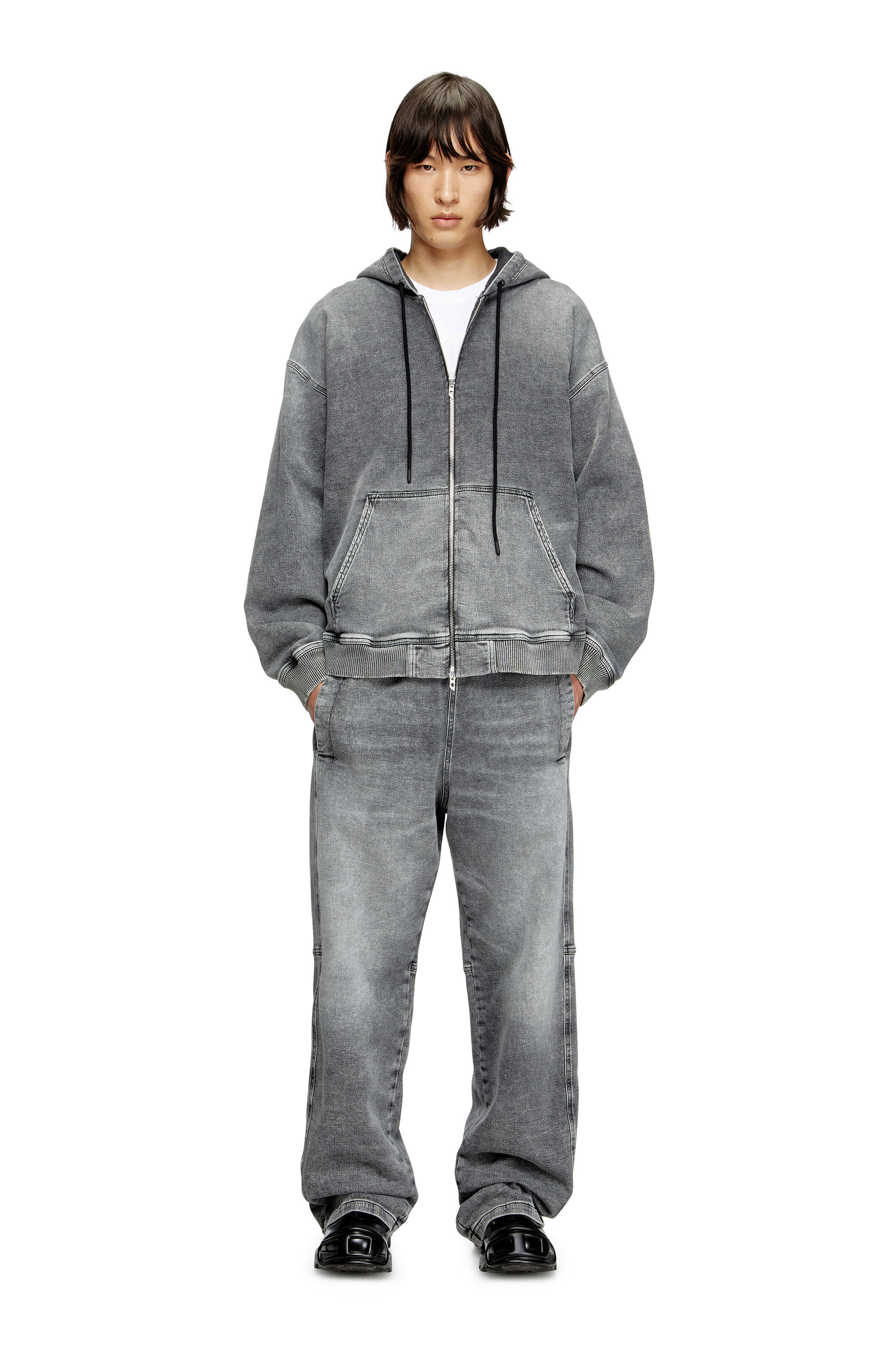 Diesel - HS D-GIRI-S TRACK, Unisex Kapuzenpulli mit Reißverschluss aus marmoriertem Track Denim in Dunkelgrau - 1