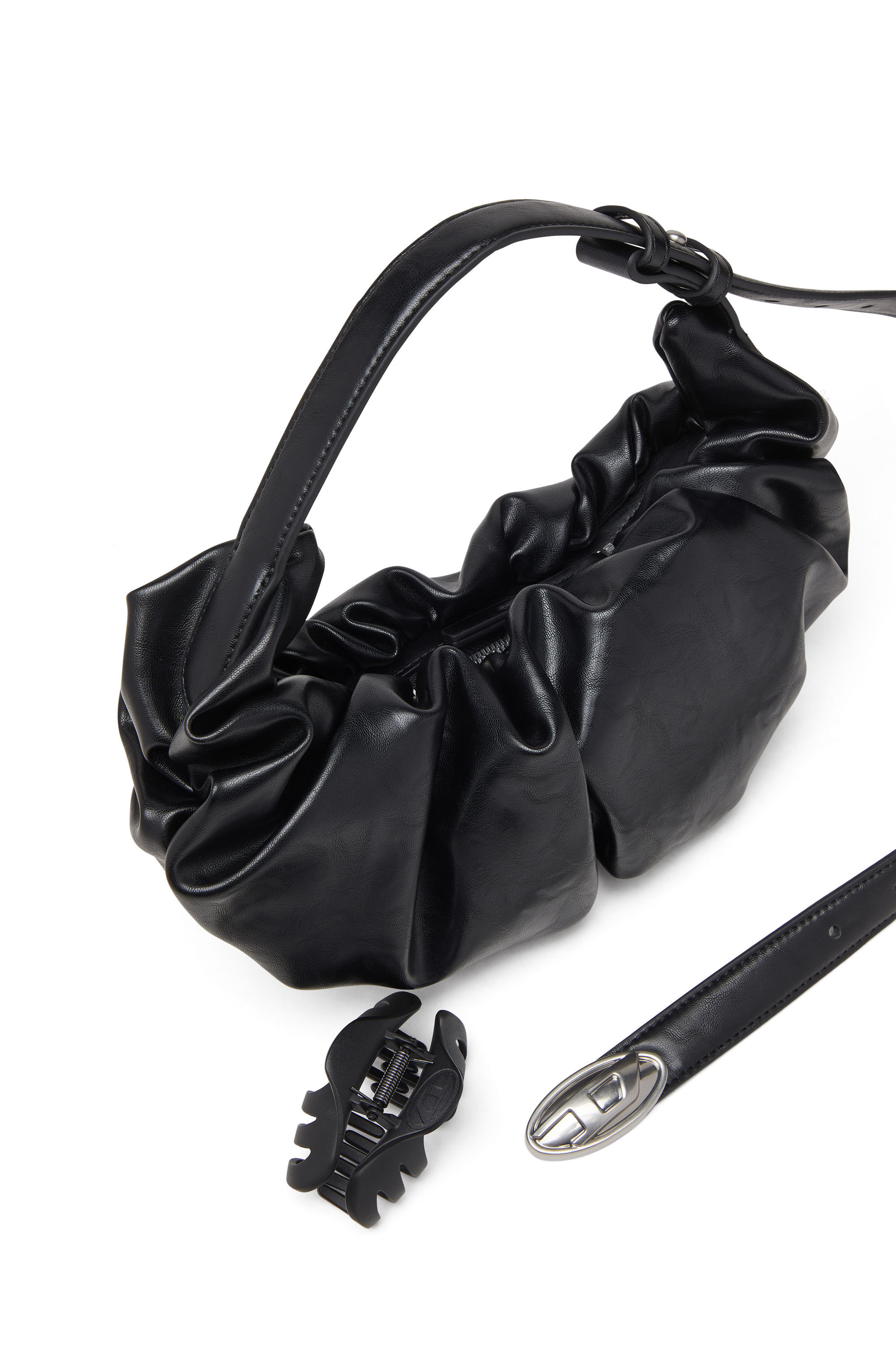 Diesel - GRAB-D HOBO S, Damen Kleine zerknitterte Hobo-Tasche aus glänzendem PU in Schwarz - 2