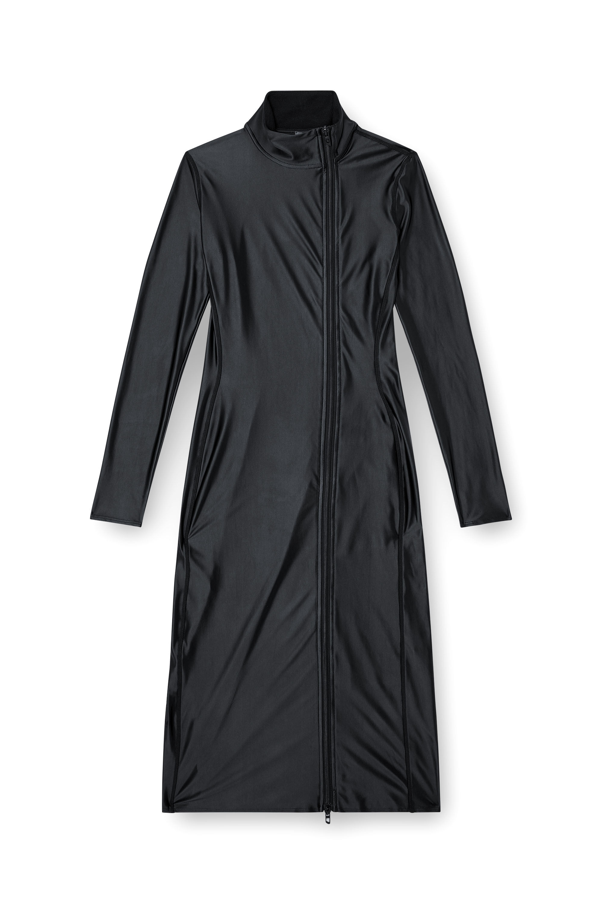 Diesel - D-SILVER, Damen Langarm-Midi-Kleid mit Stehkragen und Finish aus Chintz in Schwarz - 2