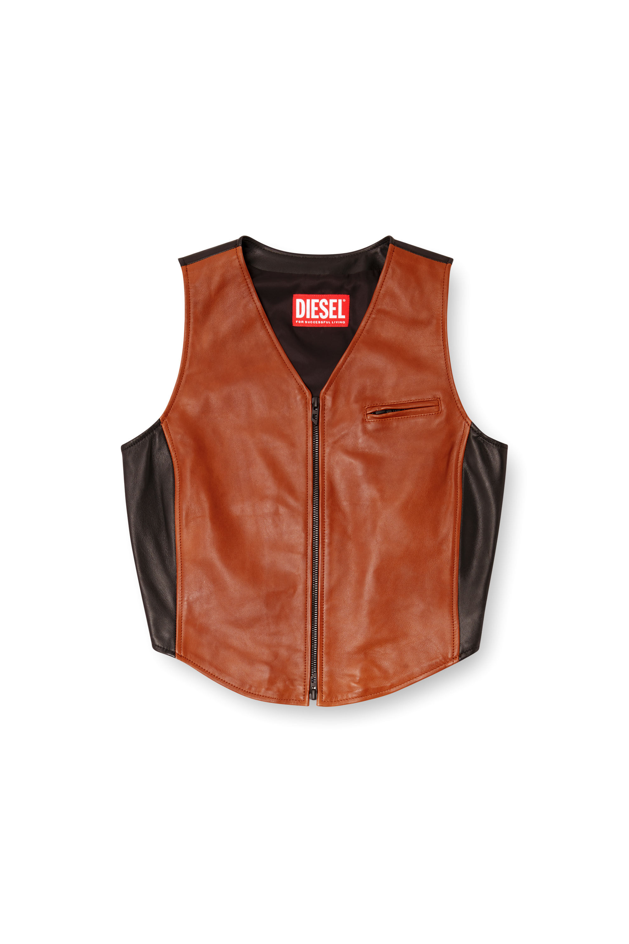 Diesel - L-USTRA, Damen Verkürzte Weste aus Colour-Block-Leder in Schwarz/Braun - 2