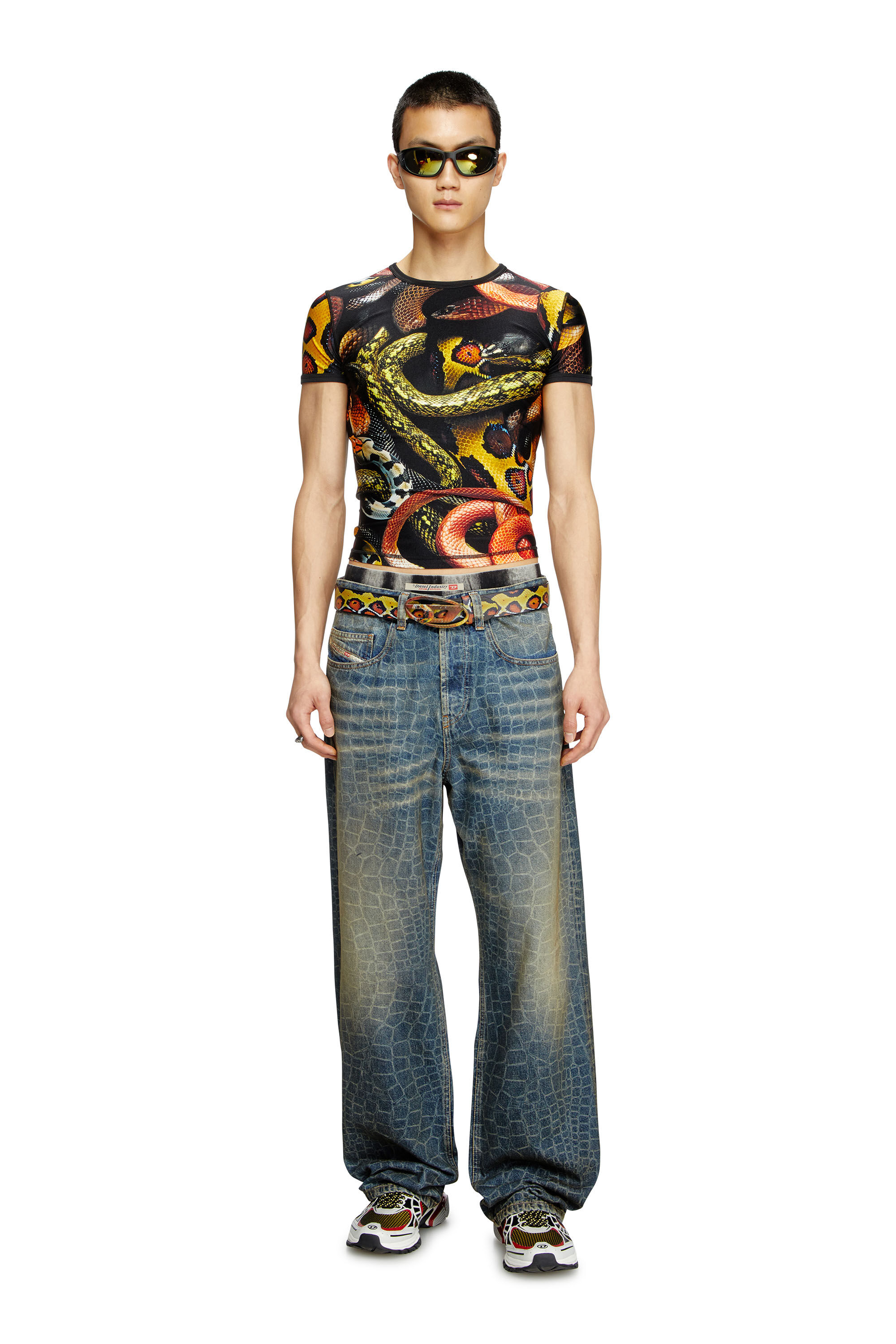 Diesel - CL-T-UNCLE-SNAKE, Unisex T-Shirt aus Lycra mit Allover-Schlangen-Print in Schwarz/Gelb - 1