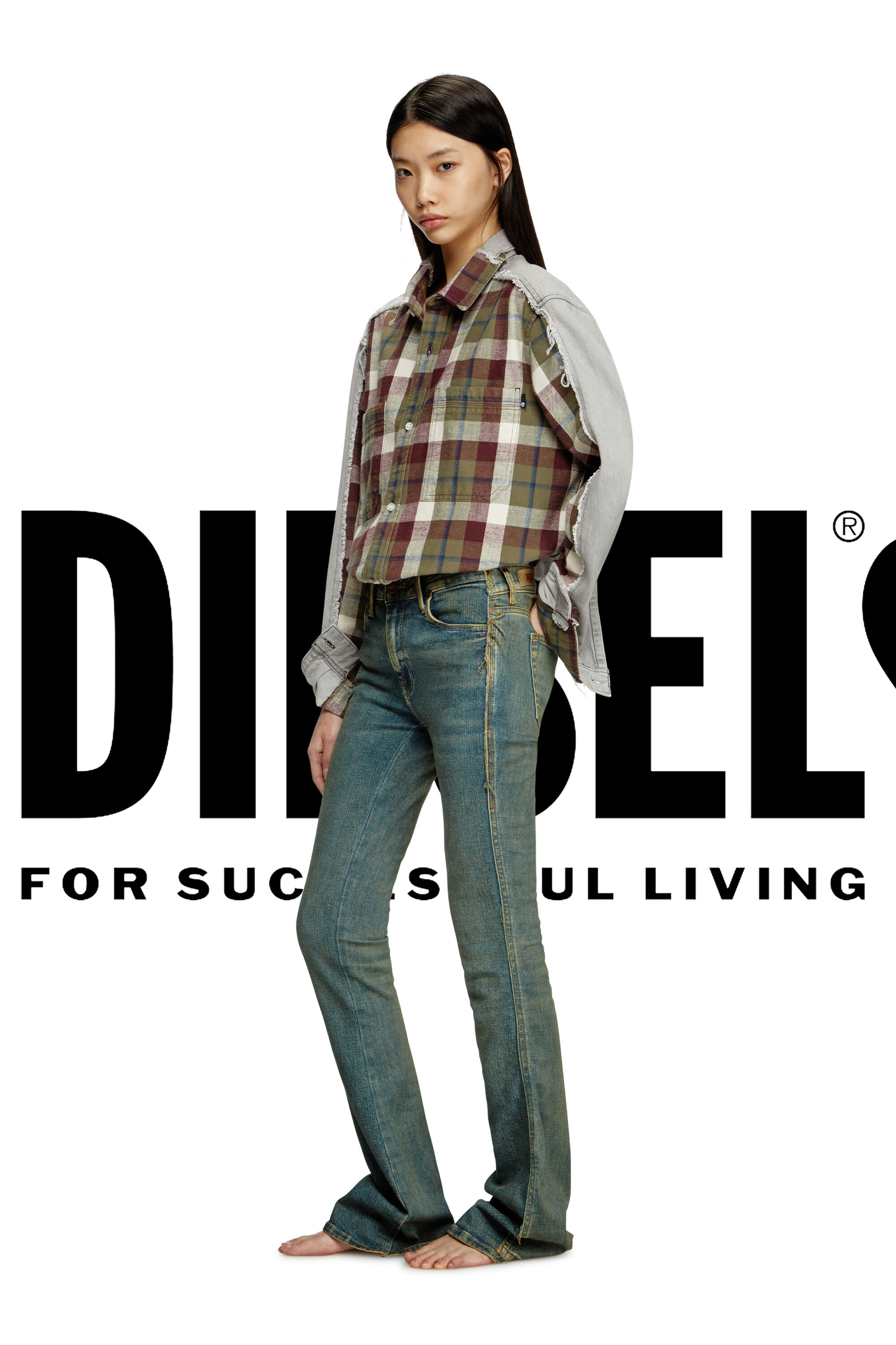 Diesel - Shirt Diseloves 8B, Unisex Karo- und Denim-Hemd in Bleich-Effekt in Rot/Grau - 1