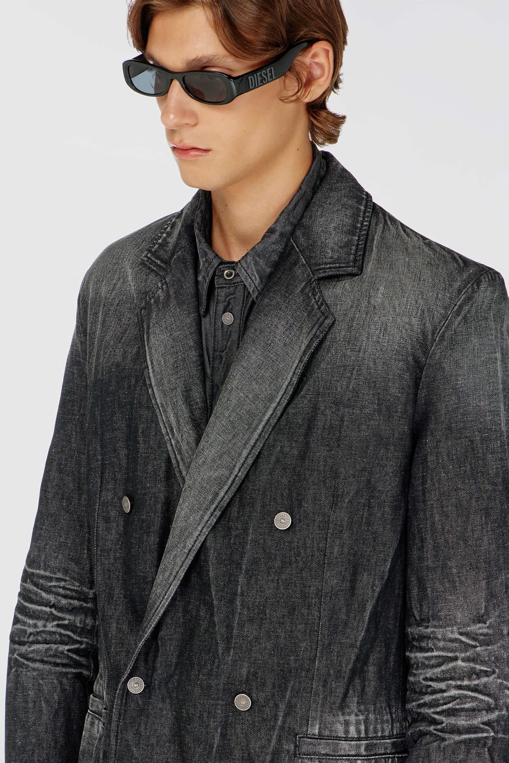 Diesel - D-KOT-FSJ, Man's Double-breasted blazer in creased denim in Black/Dark grey - 5