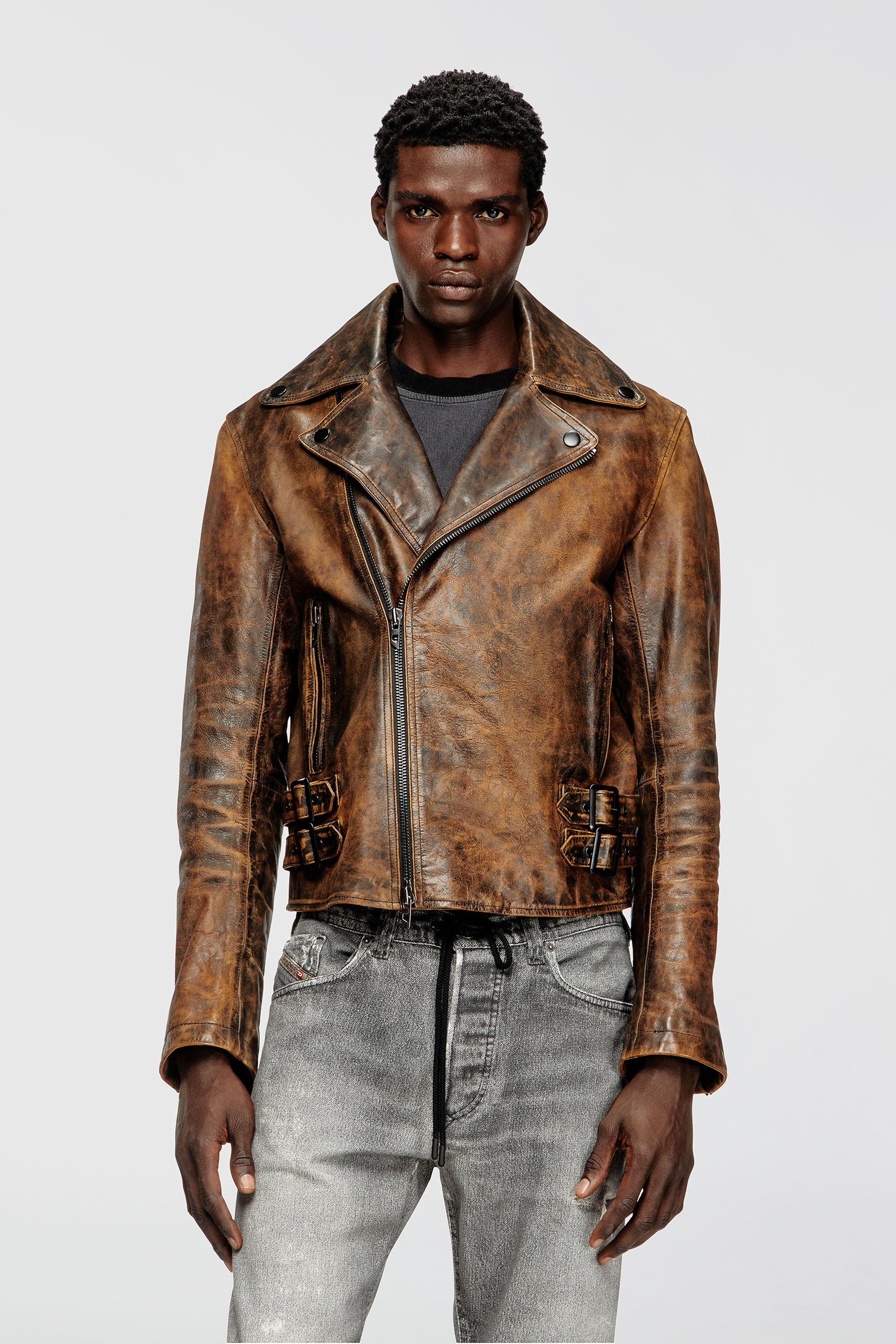 Diesel - L-EON, Herren Bikerjacke aus behandeltem Leder in Braun - 3