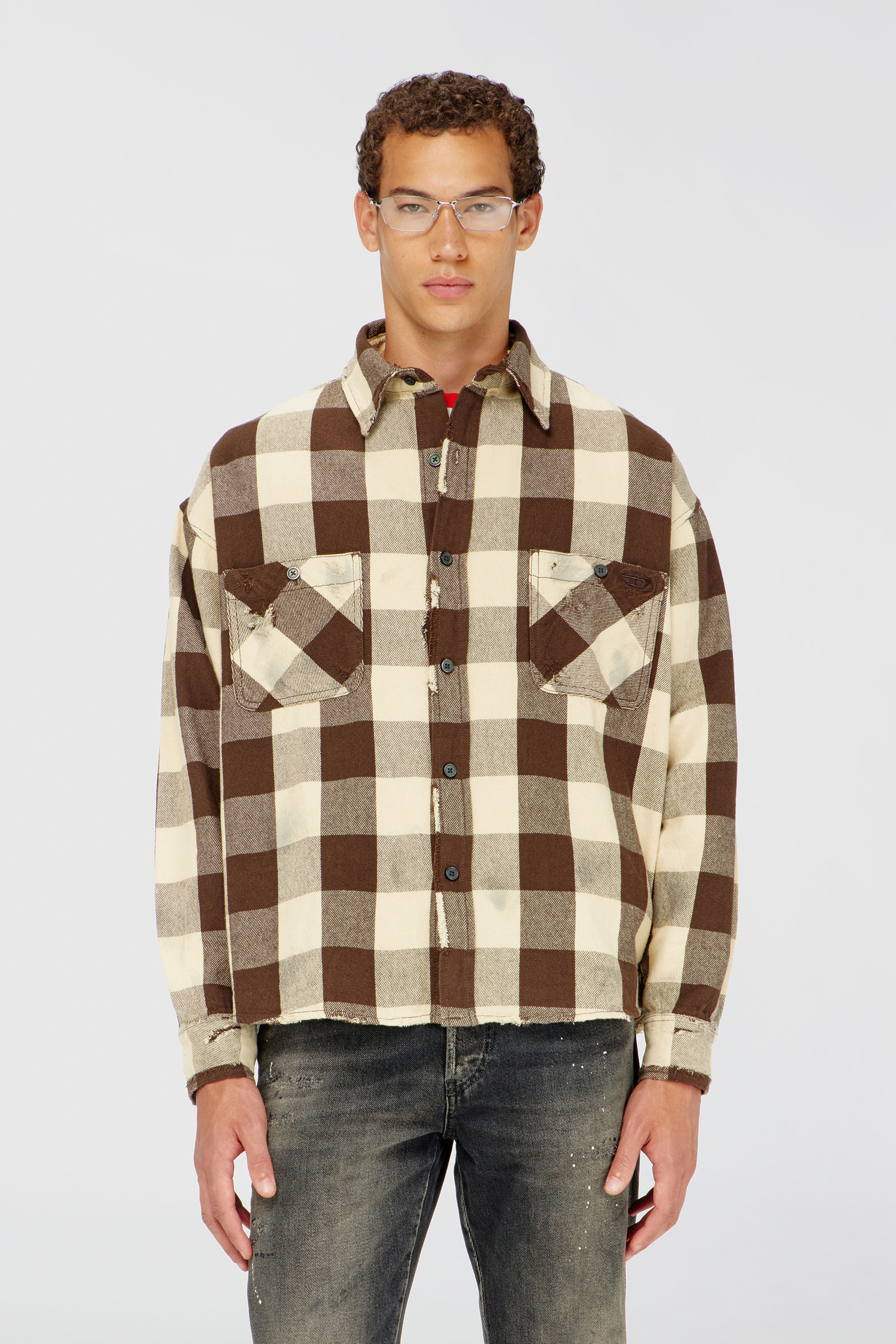 Diesel - S-DRUM, Herren Karohemd mit distressed-Effekt in Beige/Braun - 3