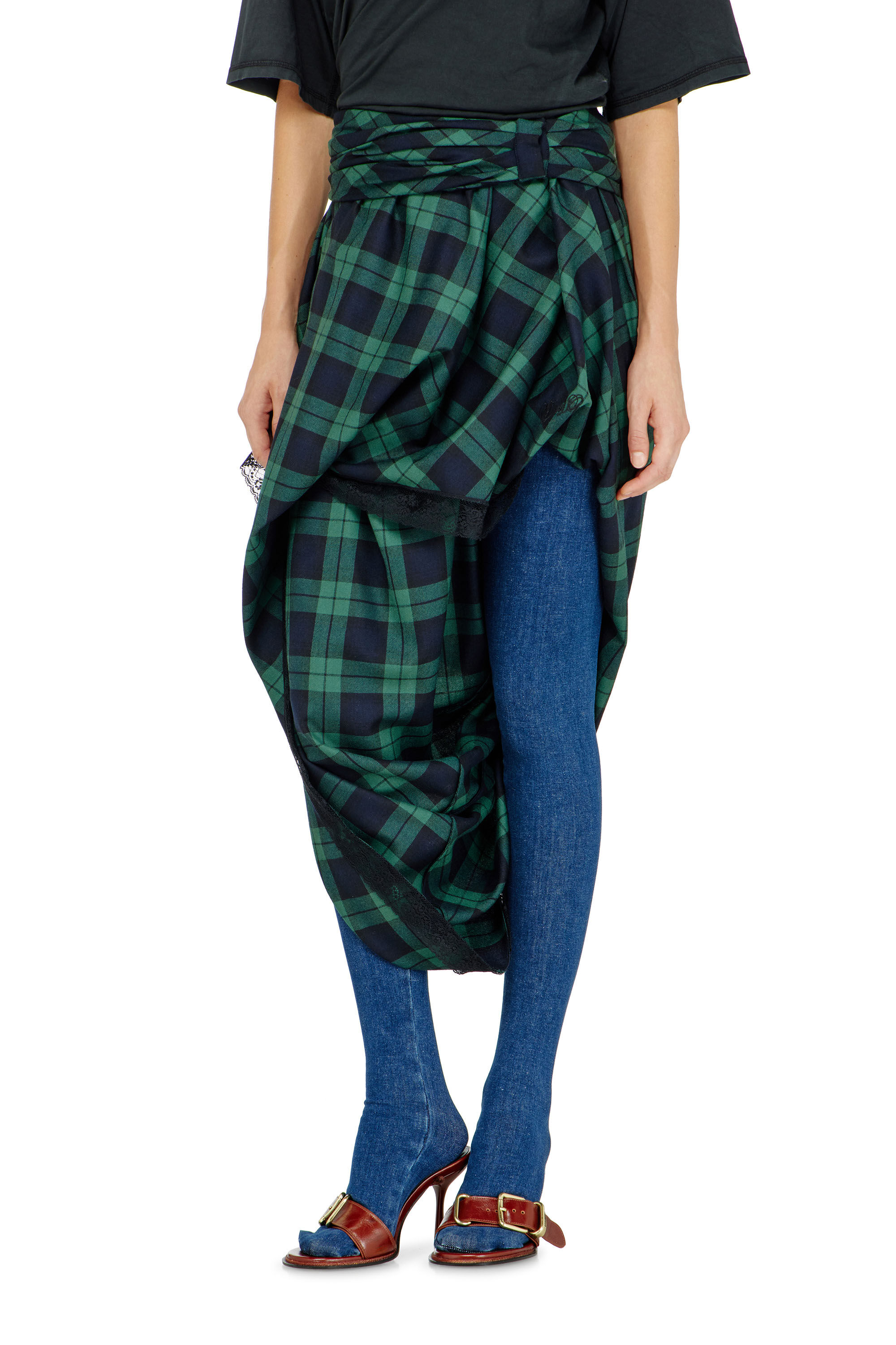 Diesel - O-WINNY, Damen Midilanger Rock im Tartan-Look mit Spitzenbesatz in null - 2