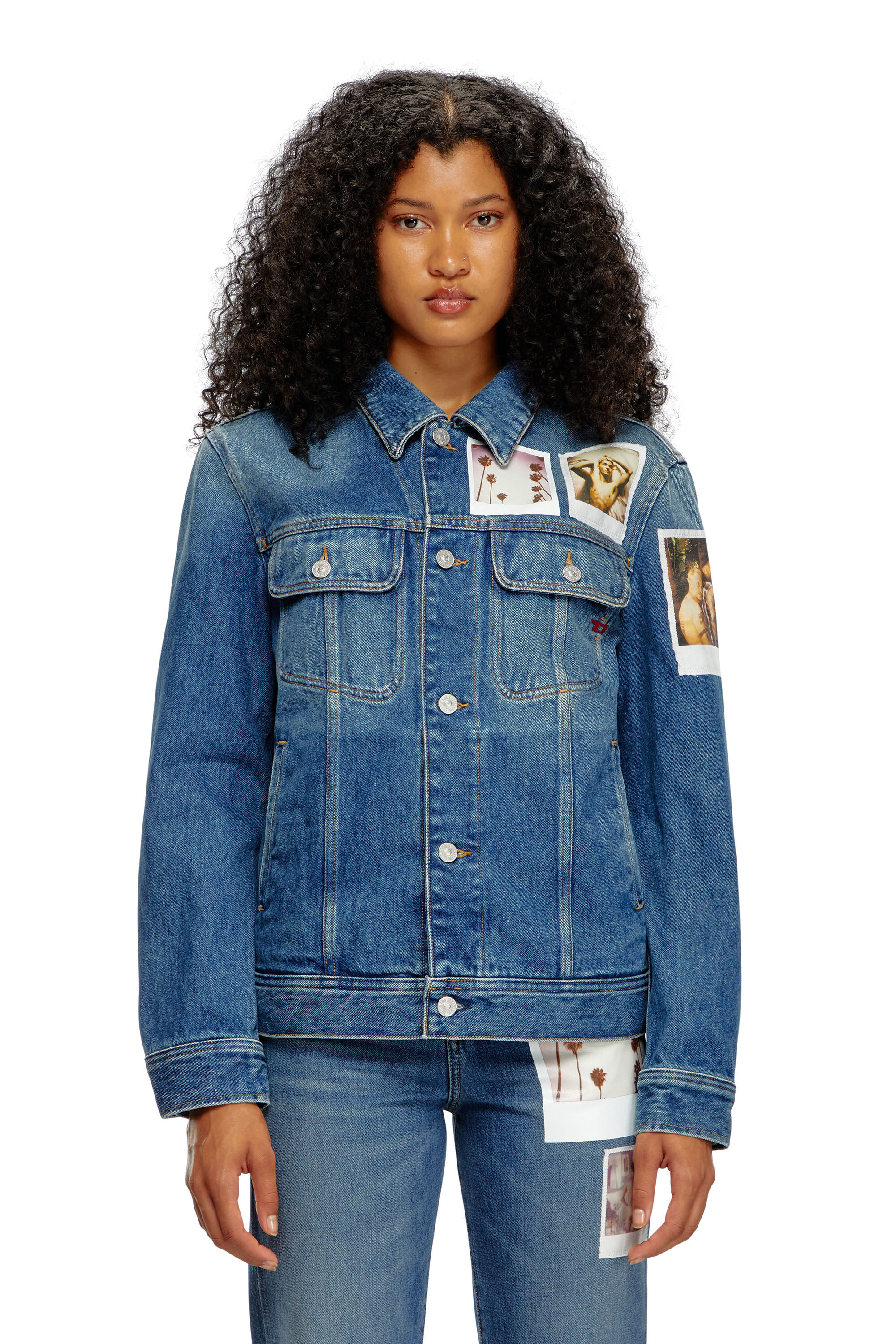 Women s Trucker jacket with polaroid patches Blue Diesel