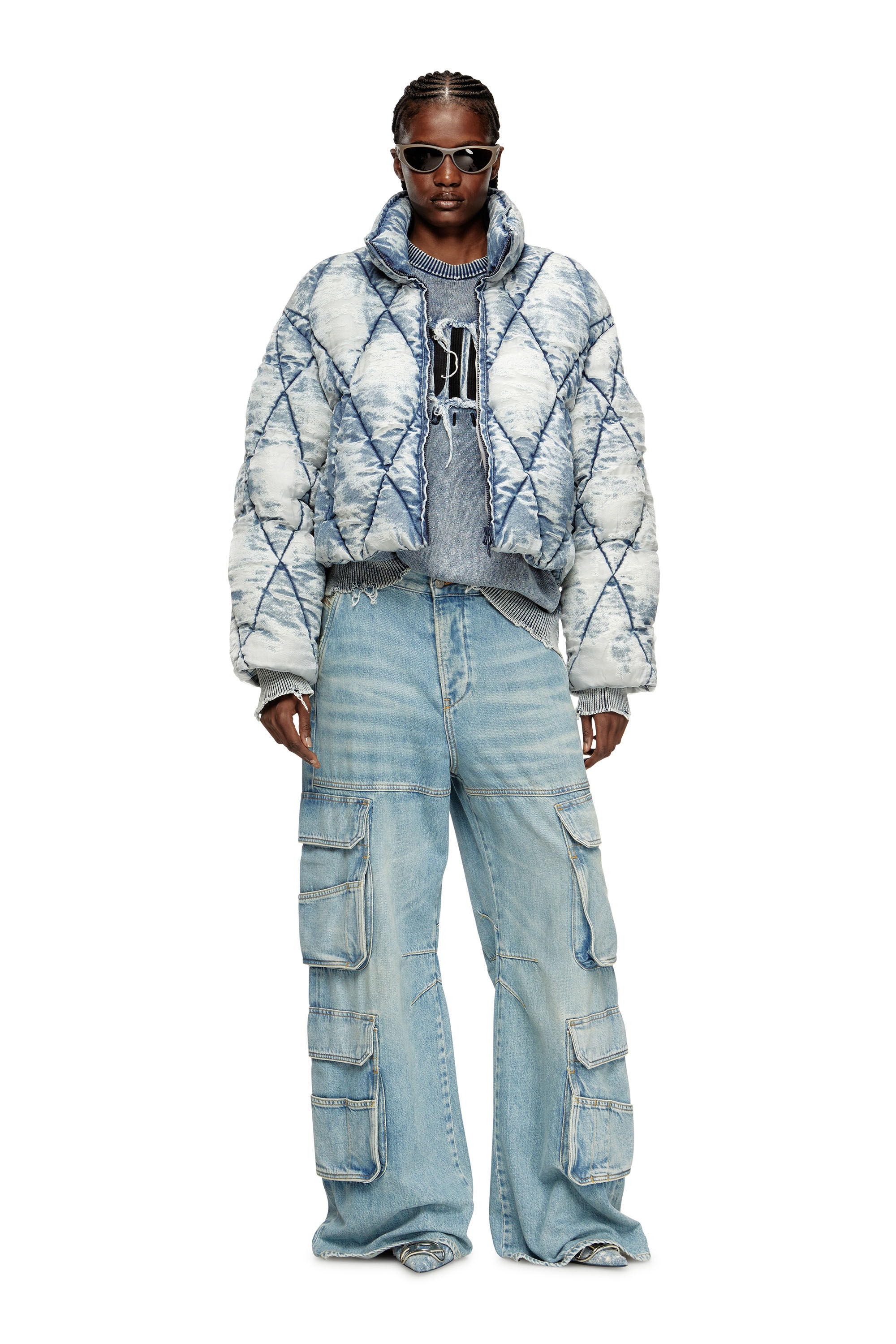 Diesel - W-HISTEL, Damen Daunen-Jacke aus Argyle-gestepptem Dévoré-Shellstoff in Hellblau - 1