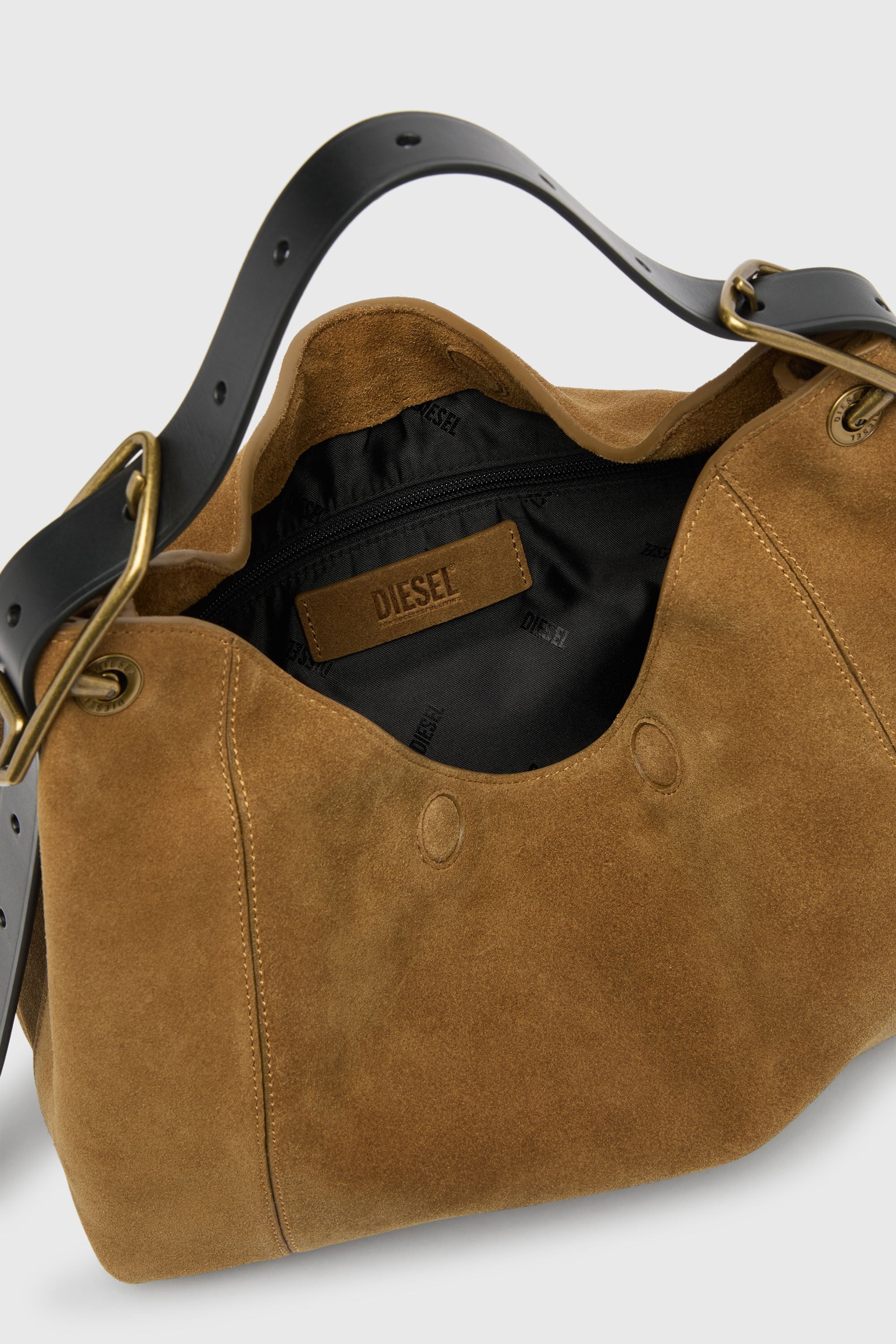 Diesel - D-LINE HOBO S, Damen D-Line Schultertasche aus gewachstem Veloursleder in Hellbraun - 3