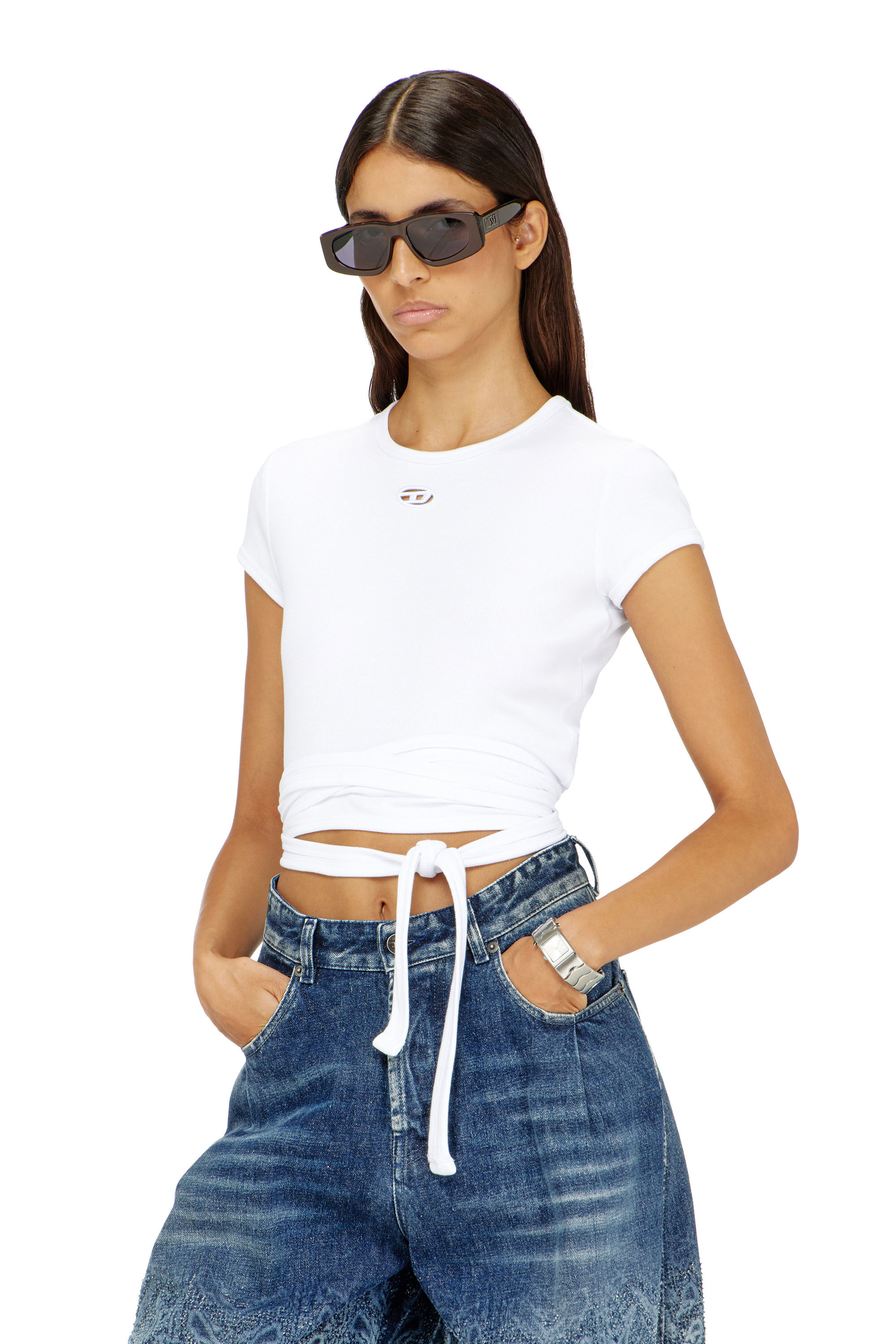 Diesel - T-BUNNY-TAIL-S1, Damen Geripptes Top mit Wickelschn&uuml;ren in Wei&szlig; - 3