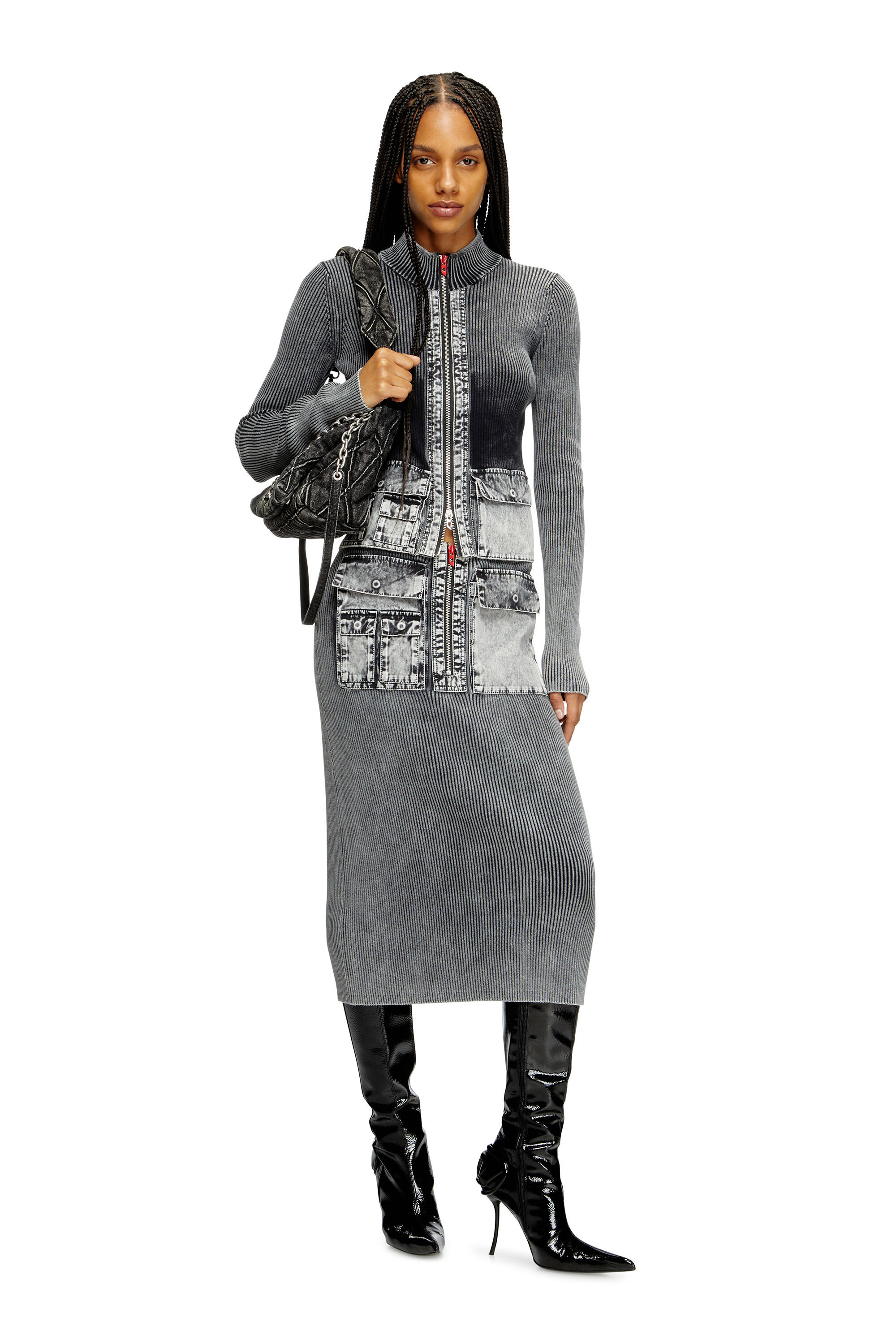 Diesel - M-MERYN, Damen Midirock aus Strick mit Cargotaschen aus Denim in Dunkelgrau - 1