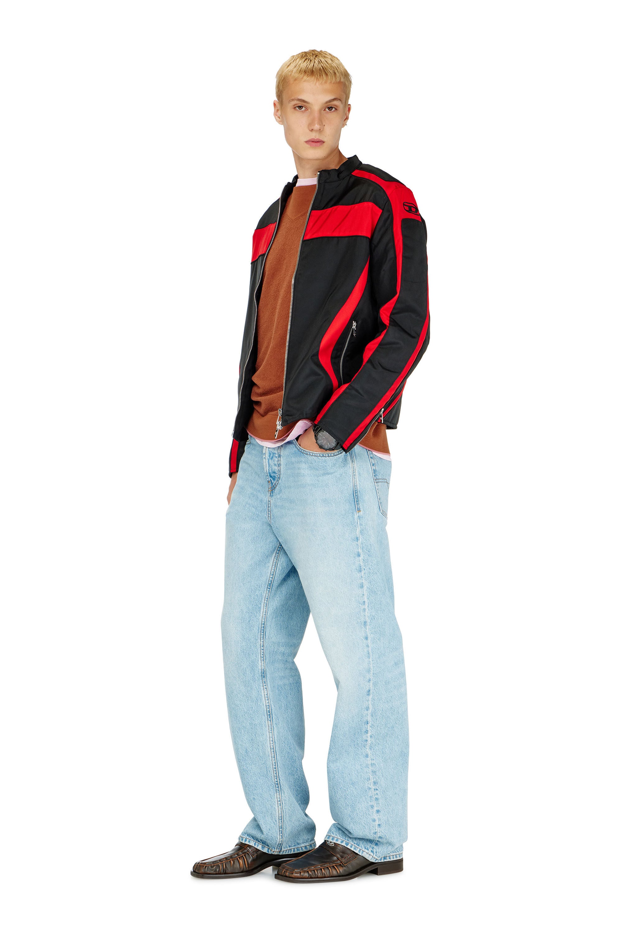 Diesel - J-ADAM-PDAI, Herren Bikerjacke im Colourblock-Design aus Canvas in Schwarz/Rot - 1