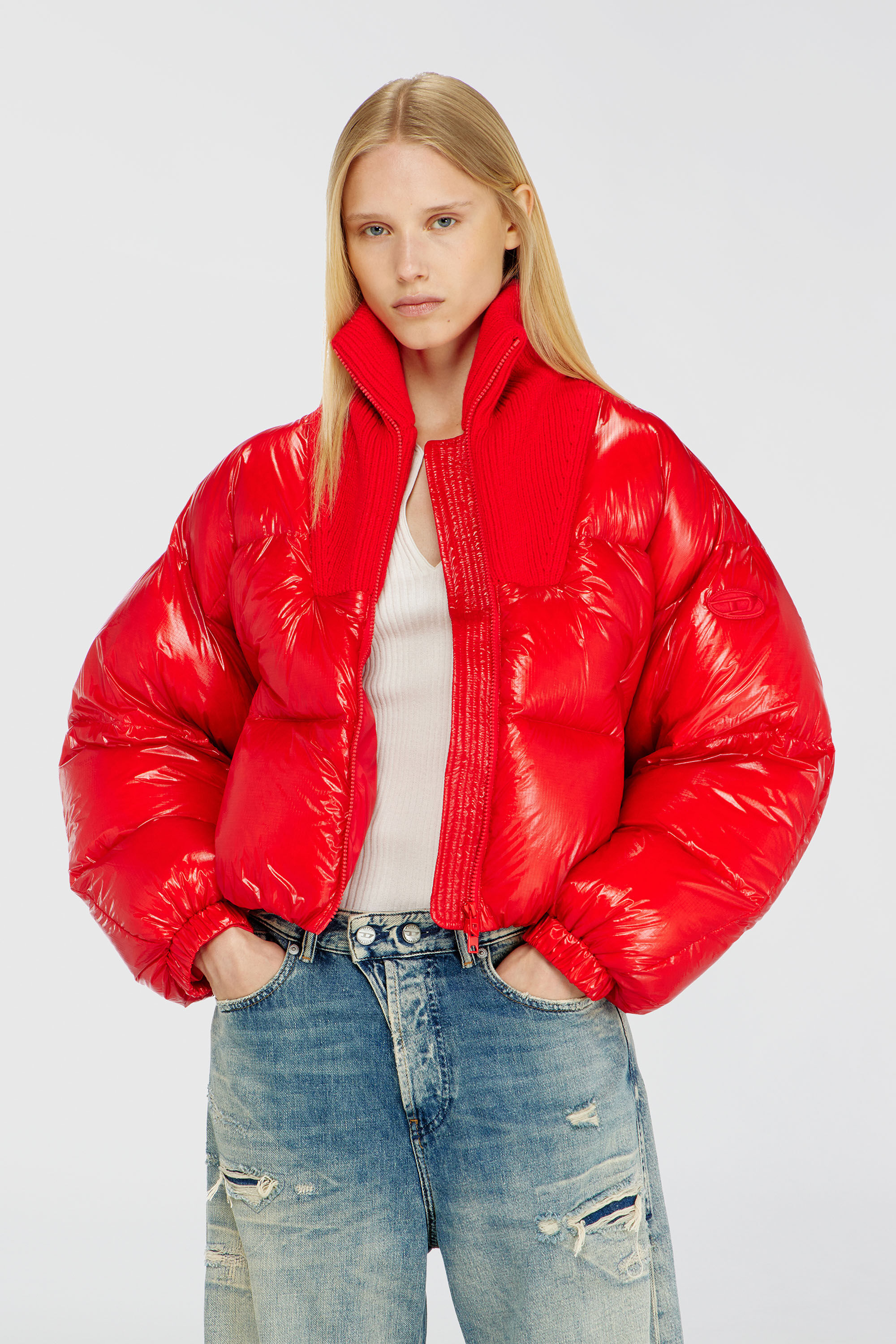 Diesel - W-ARRIOR, Damen Daunen-Steppjacke aus Ripstop mit Strickkragen in Rot - 3