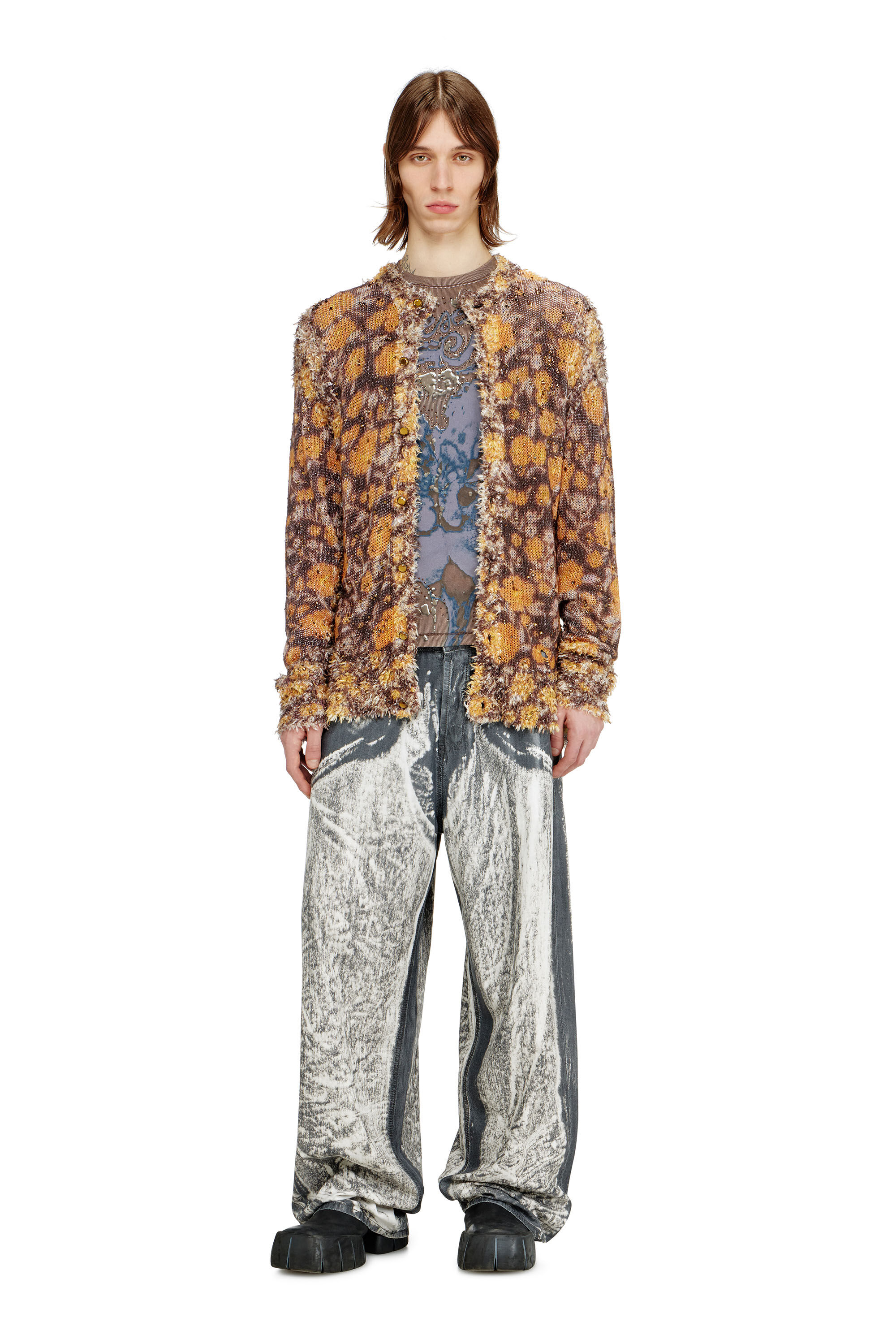 Diesel - K-LINNUS, Herren Bedruckte Strickjacke aus Leinenmischung mit Kristallen in Braun/Orange - 1