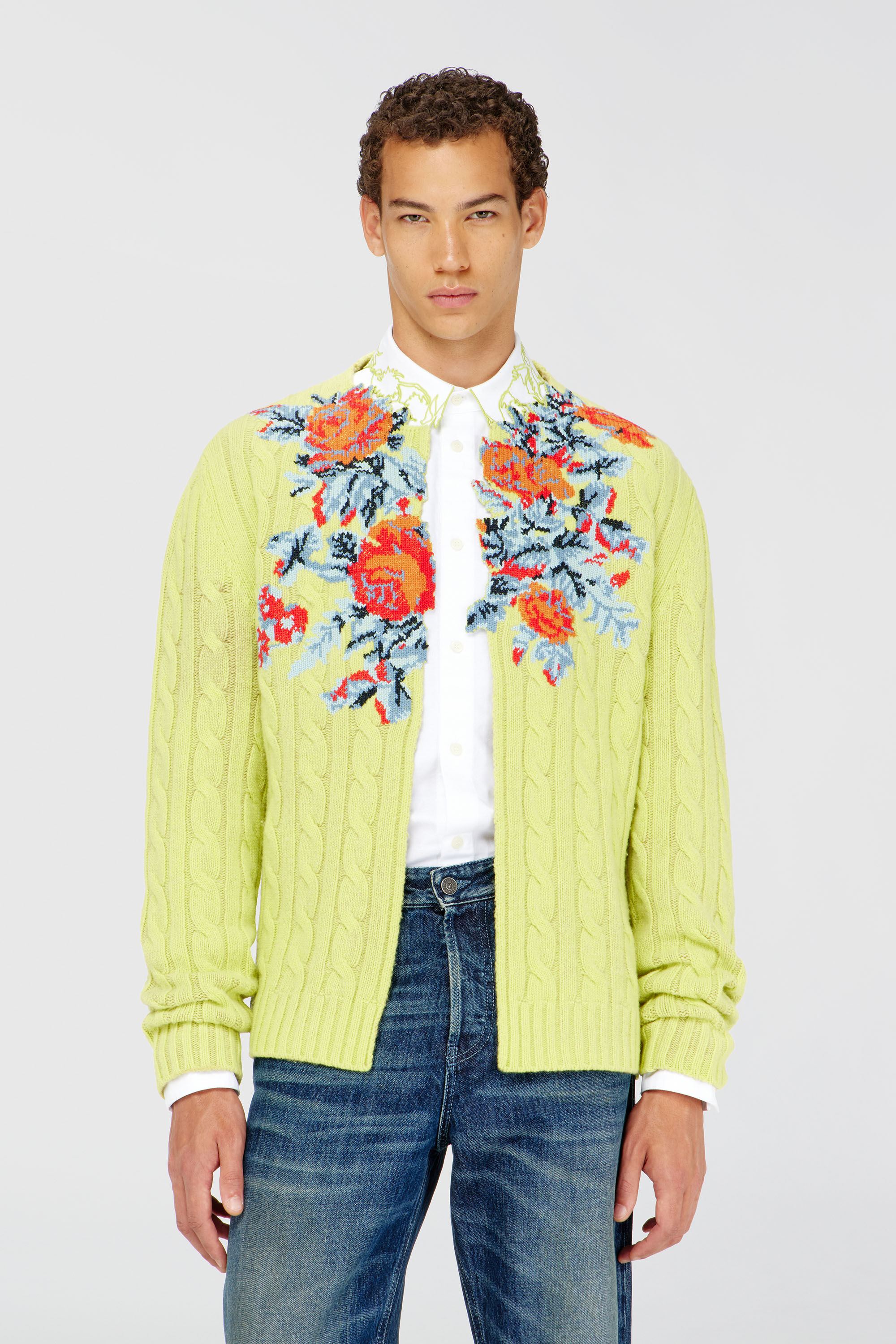 Diesel - K-RINO, Herren Offener Cardigan aus floraler Zopfmusterstrick in Neongelb - 3