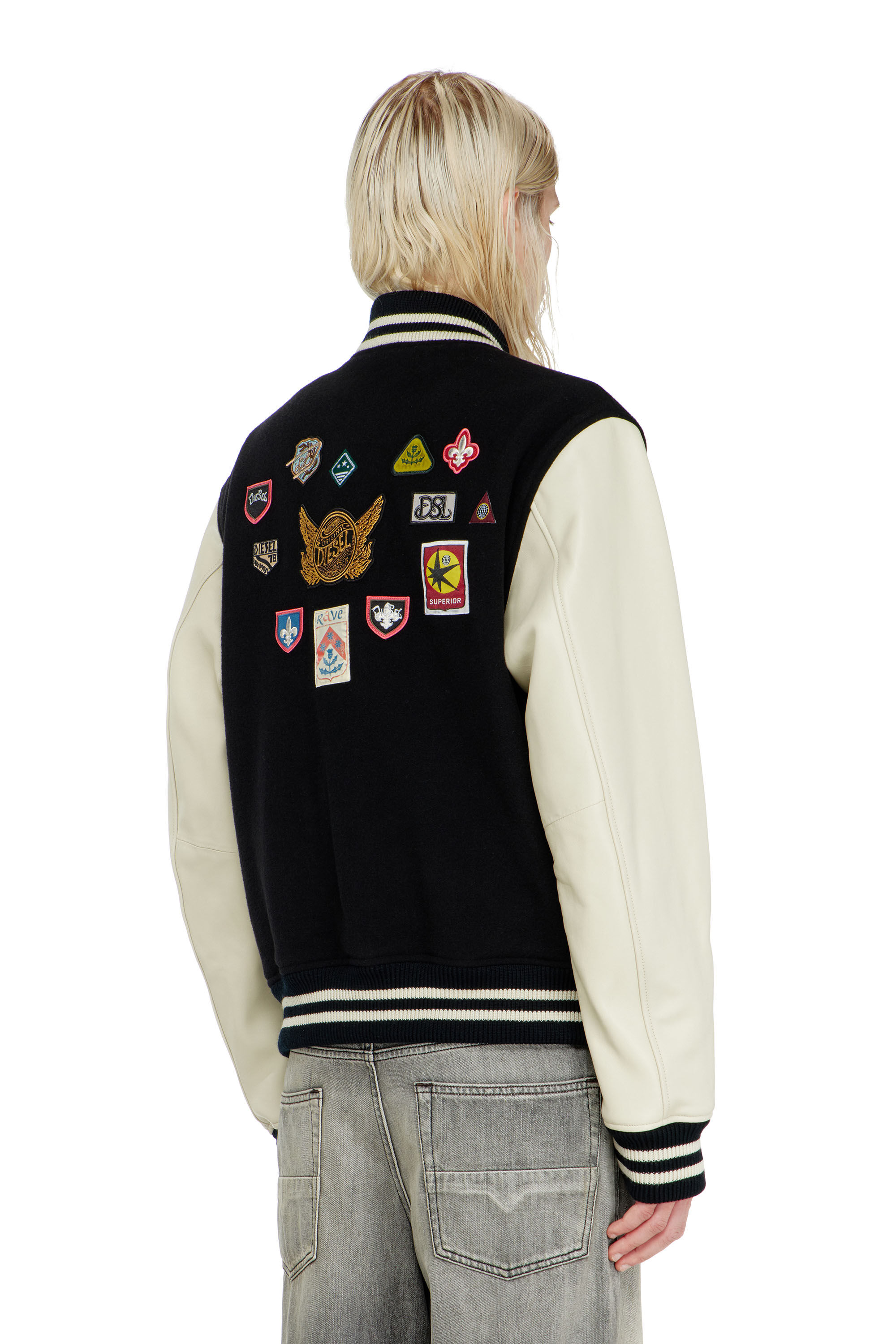 Diesel - L-ARRY-PATCH, Man's Wool and leather bomber jacket with patches in White/Black - 4