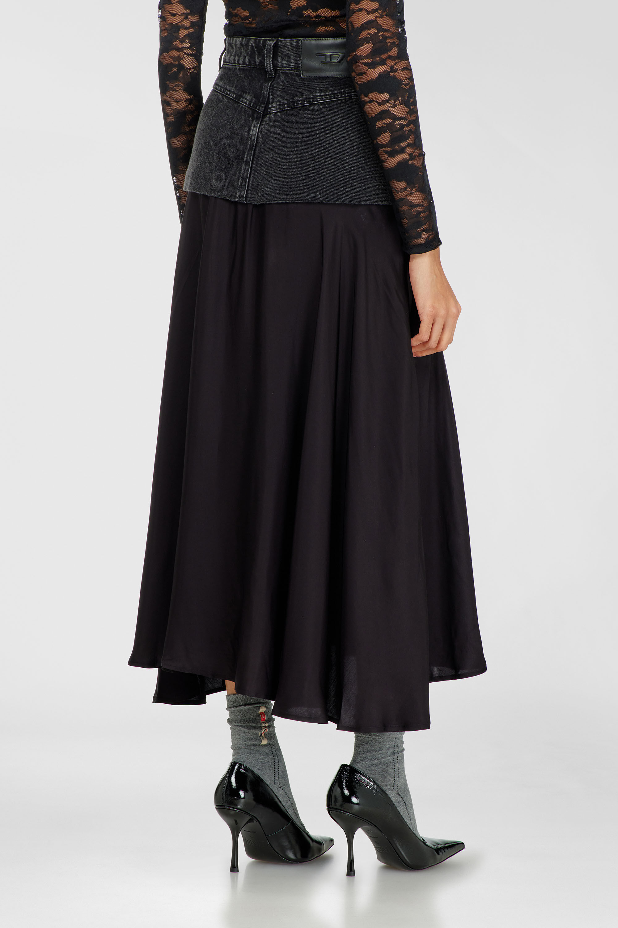 Diesel - O-RIONE, Damen Midirock mit Denim-Satin-Partien in Schwarz - 4