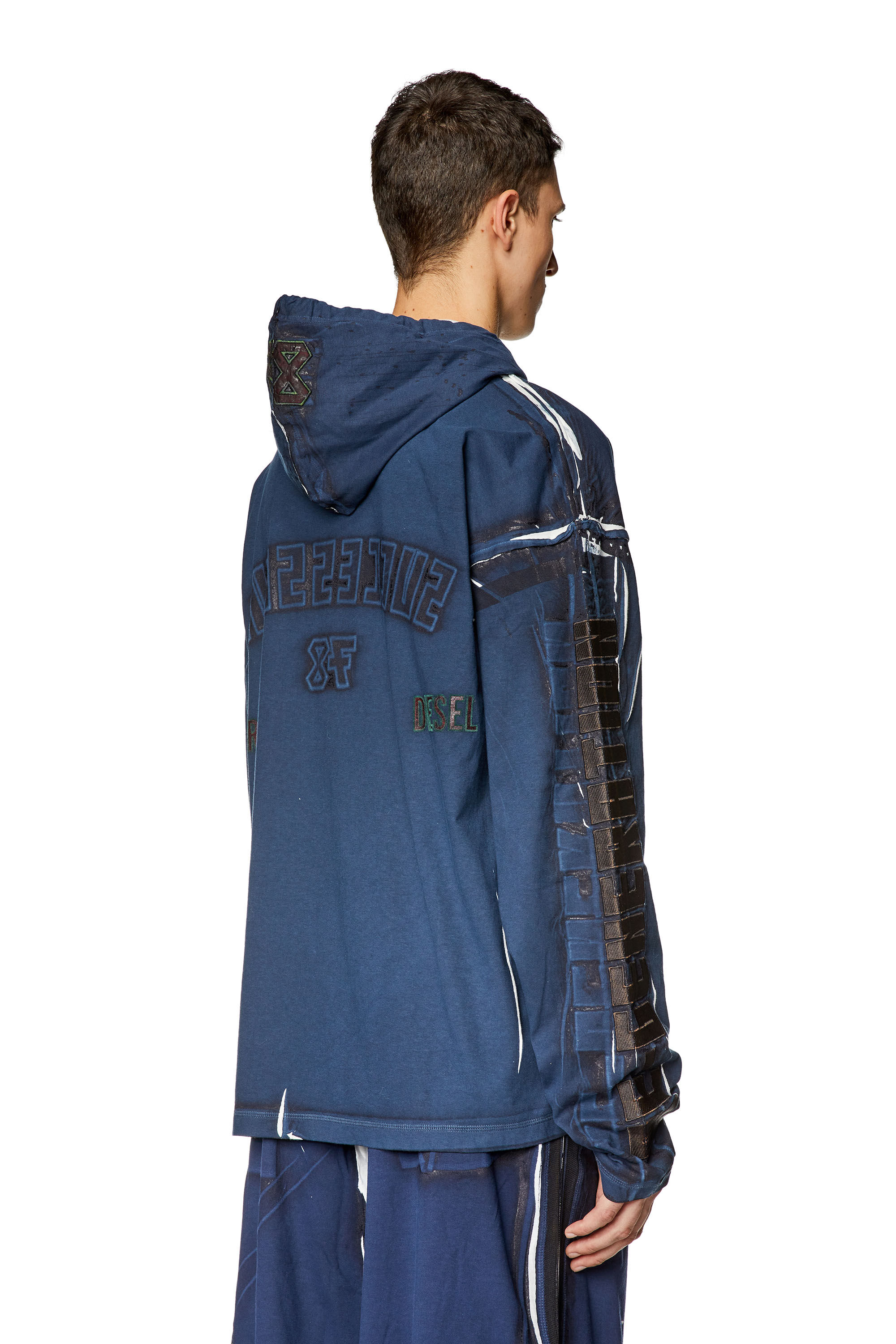 Diesel - T-NABEL-HOOD-LS, Herren Top mit Kapuze und Print und Logo-Applikationen in Dunkelblau - 4
