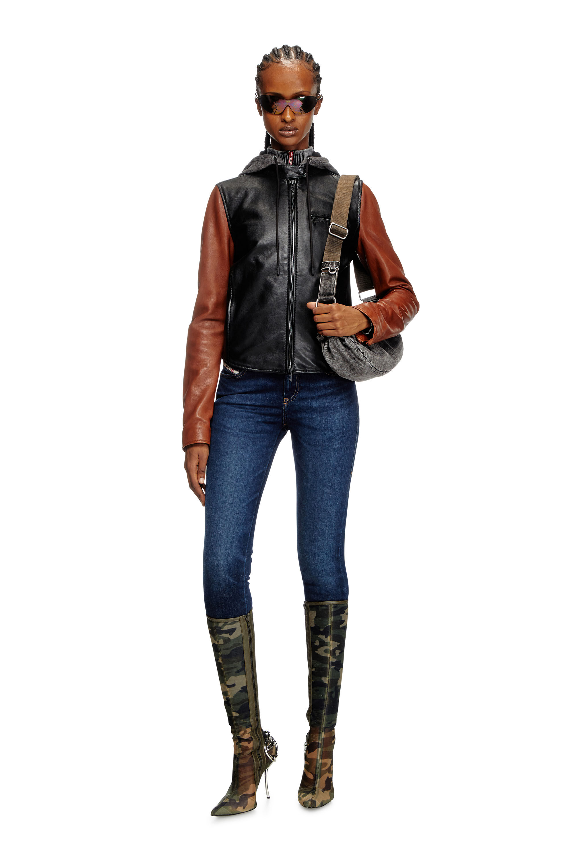 Diesel - L-OUDER, Damen Jacke aus Leder im Colour-Block-Design in Schwarz/Braun - 1