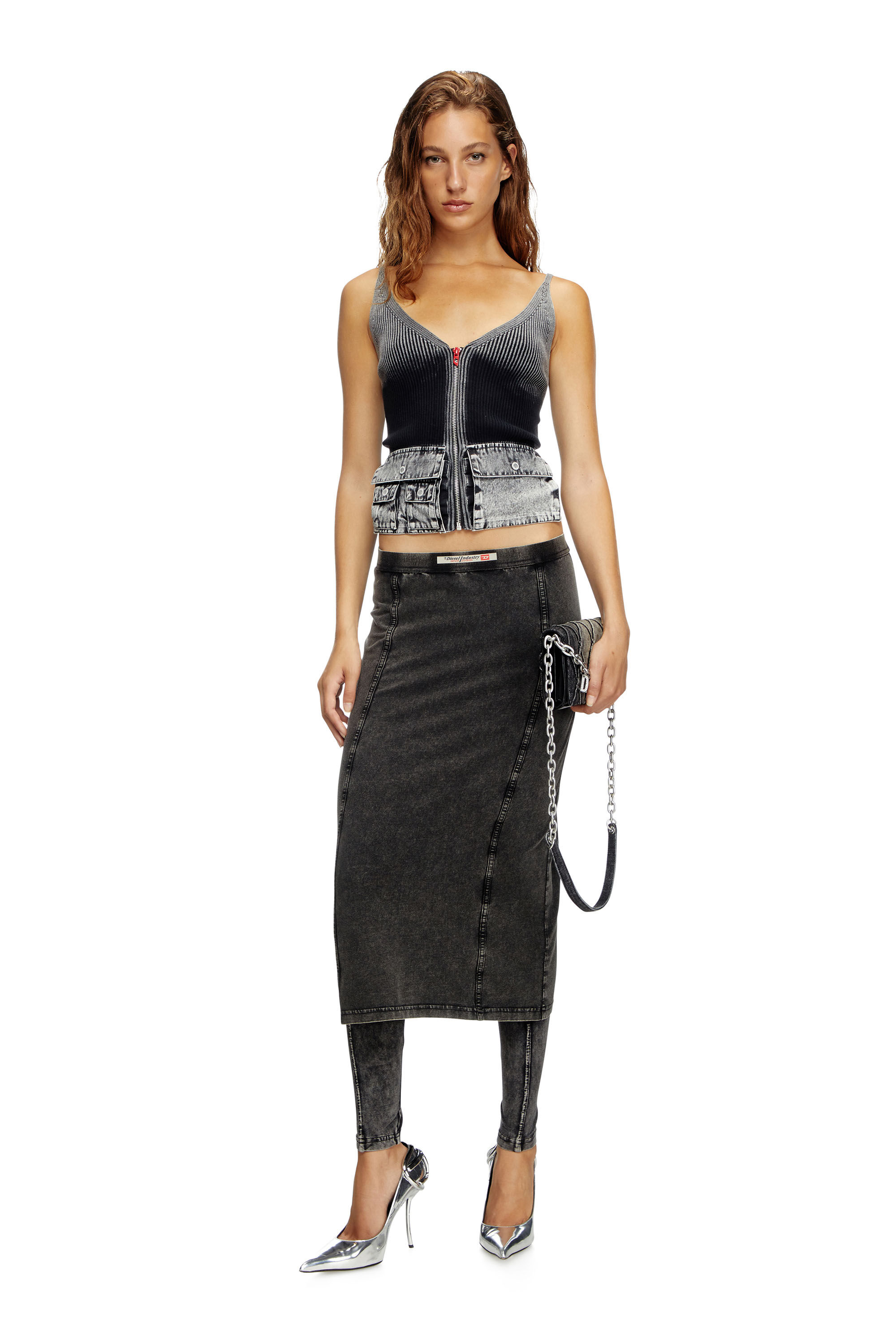 Diesel - M-MELLY, Damen Tanktop aus Strick mit Cargotaschen aus Denim in Dunkelgrau - 1