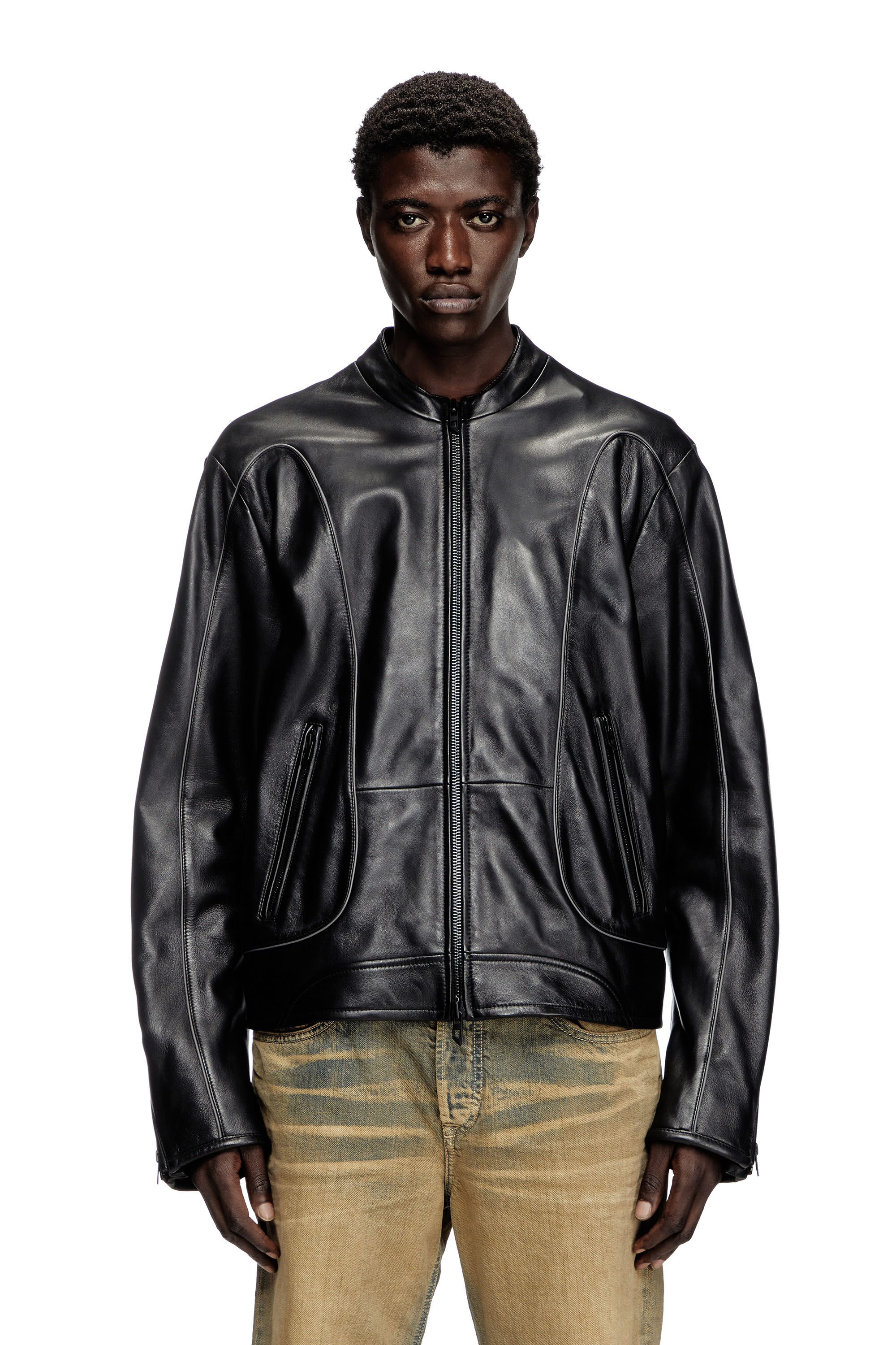Diesel - L-KRIXY, Herren Biker-Jacke aus Leder mit Paspelierung in Schwarz - 3