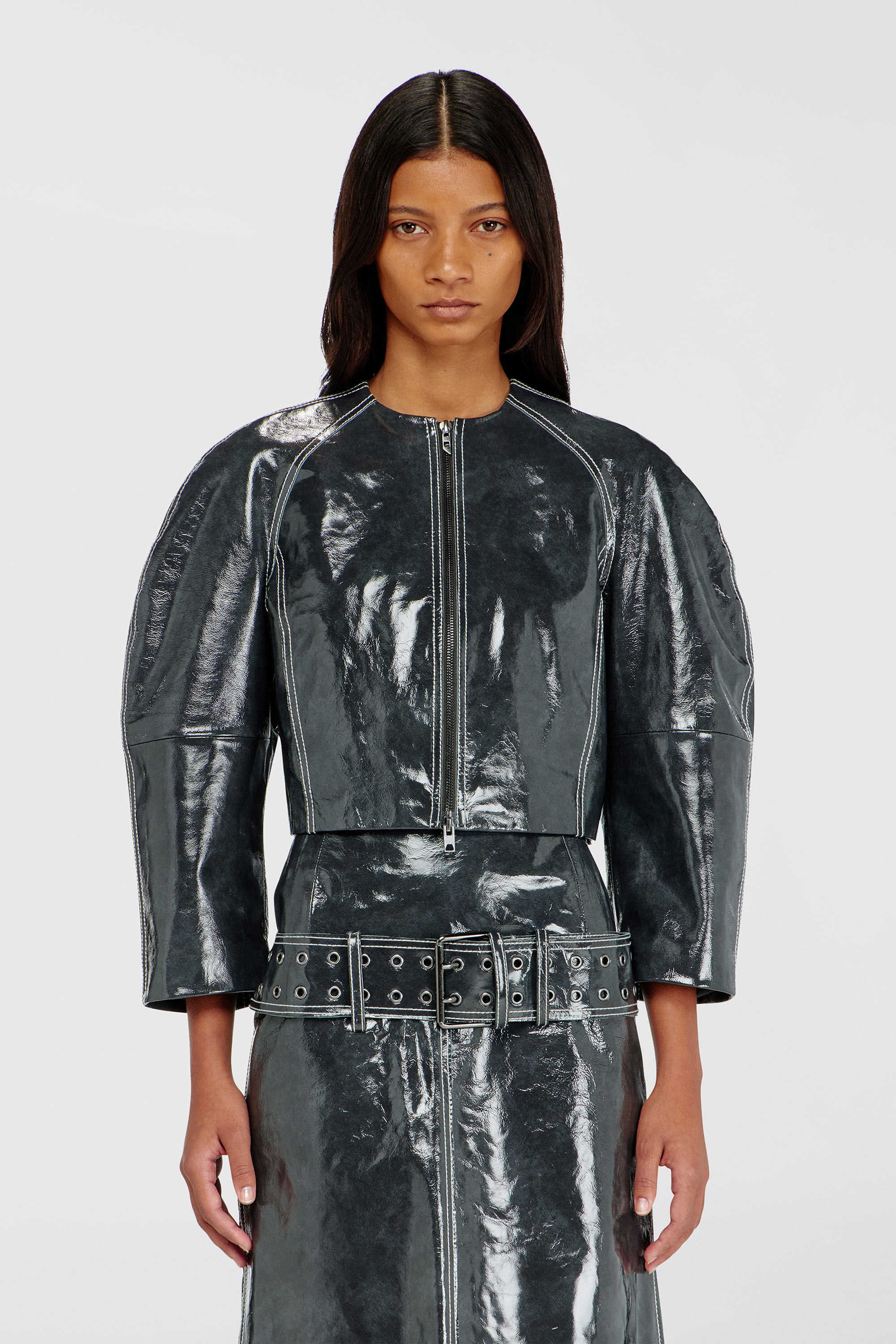 Diesel - L-ANDON, Damen Patent-leather jacket mit Cocoon-&Auml;rmeln in Dunkelgrau - 3