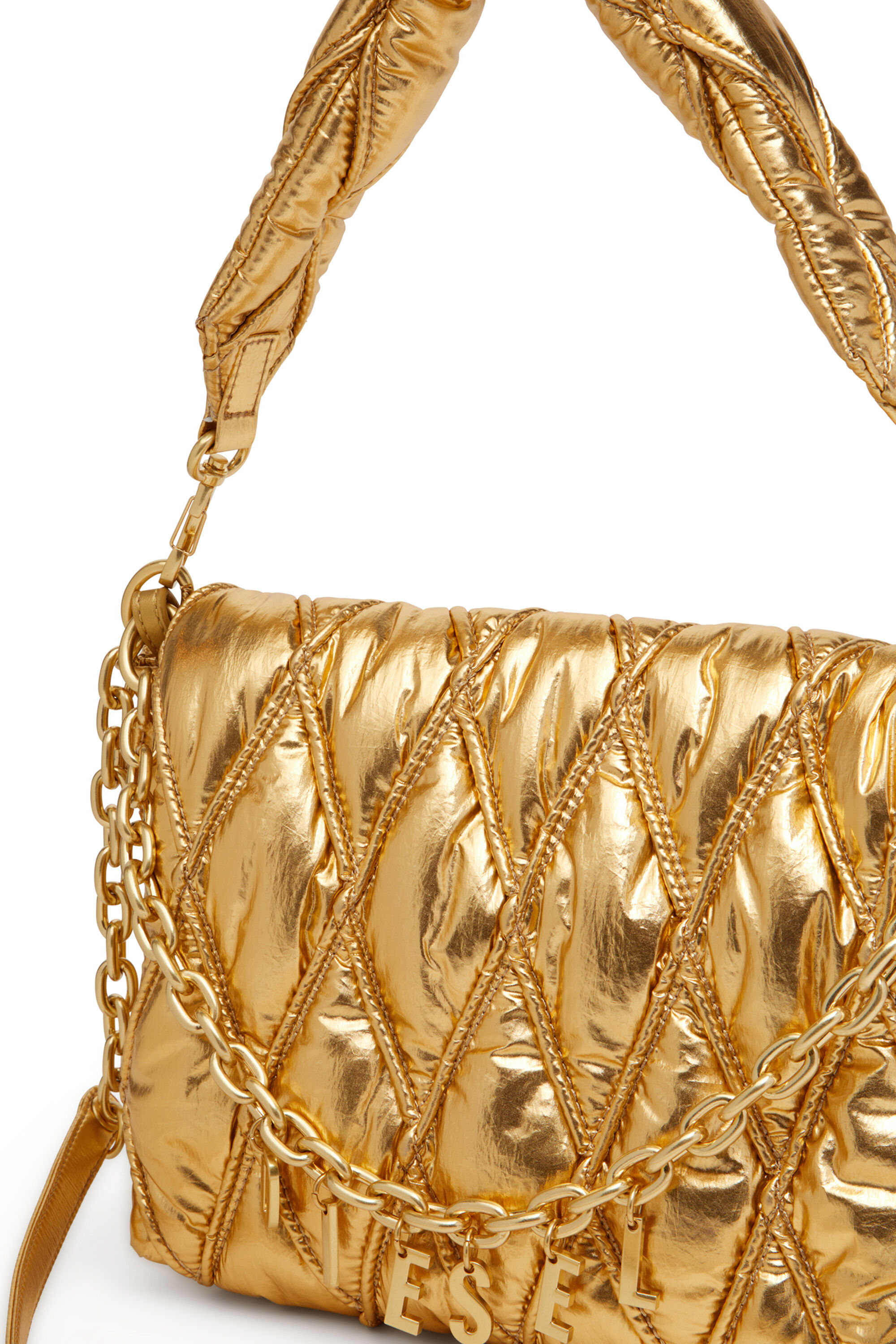 Diesel - CHARM-D SHOULDER M, Damen Schultertasche aus gestepptem Metallic-Nylon in Gold - 2