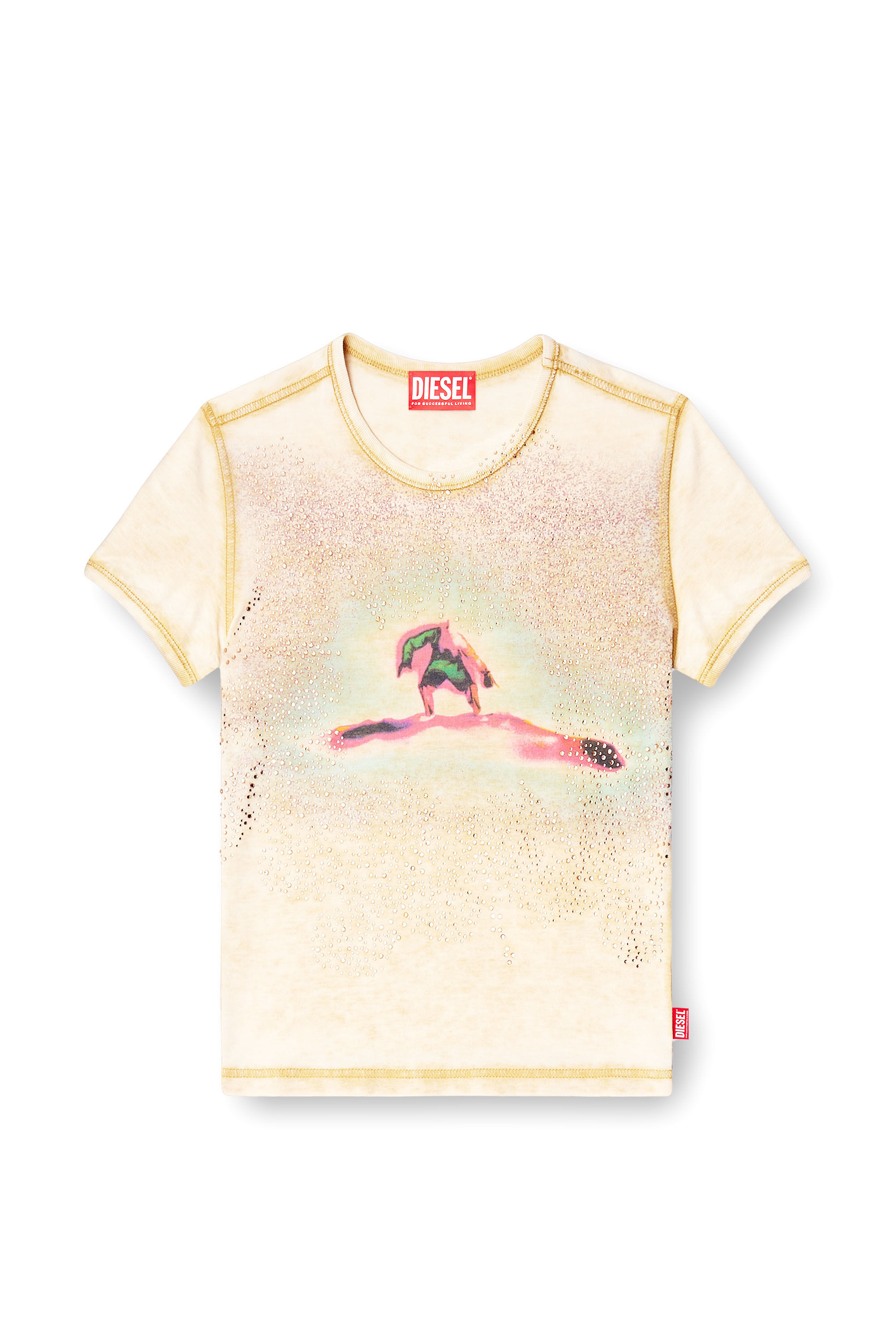Diesel - T-UNCUTIES-LONG-S10, Damen Schmales T-Shirt mit Strasssteinen in Beige - 2
