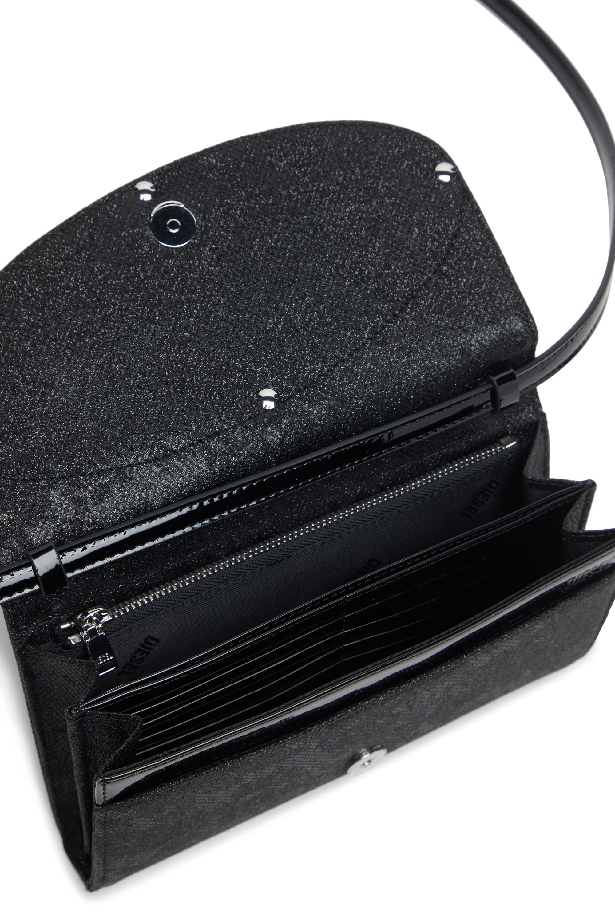 Diesel - 1DR WALLET STRAP, Damen Portemonnaie-Tasche aus Glitter-Camo-Lurex in Schwarz - 4