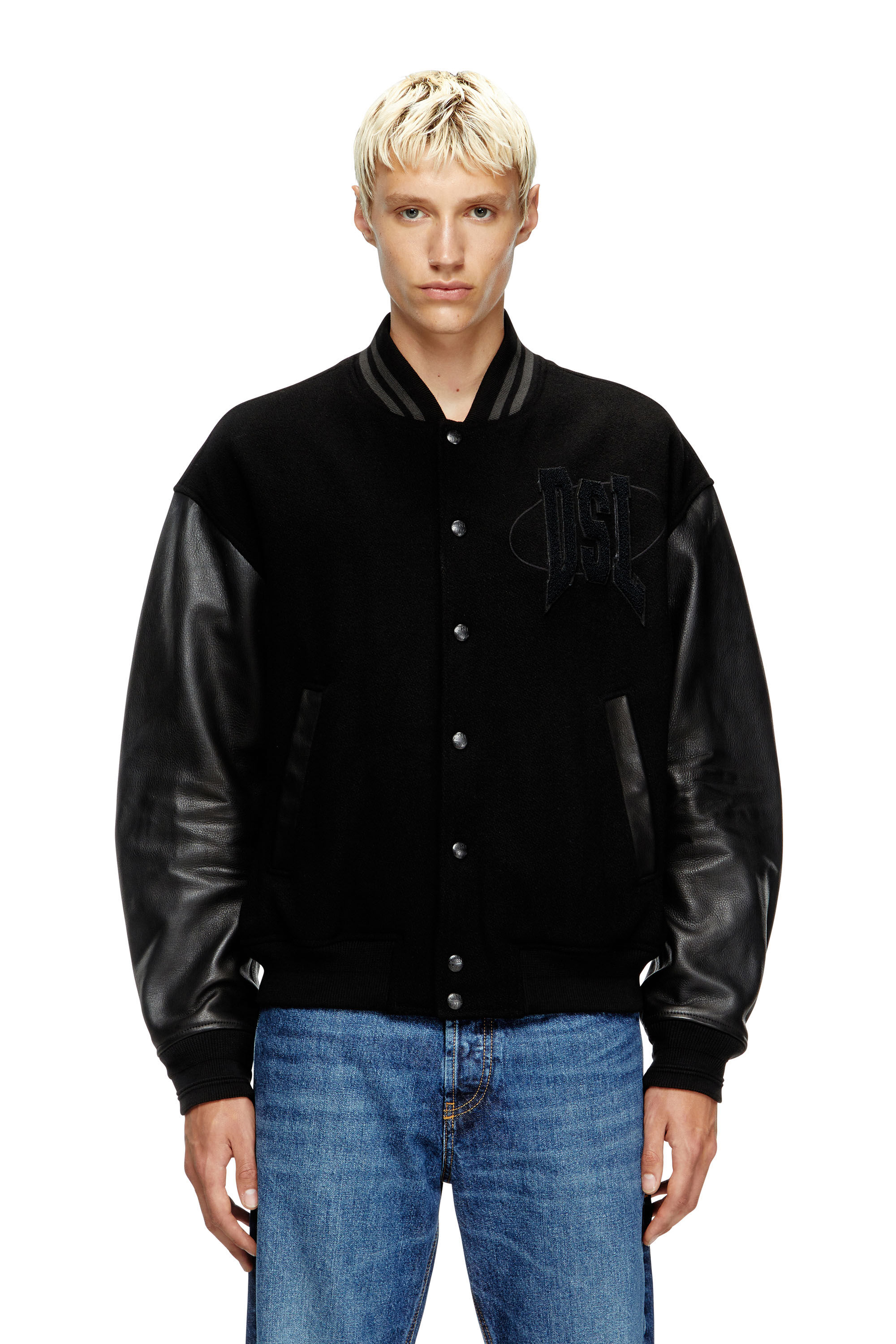 Diesel - L-NYMAN, Herren Varsity-Bomberjacke aus Baumwolle und Leder in Schwarz - 3