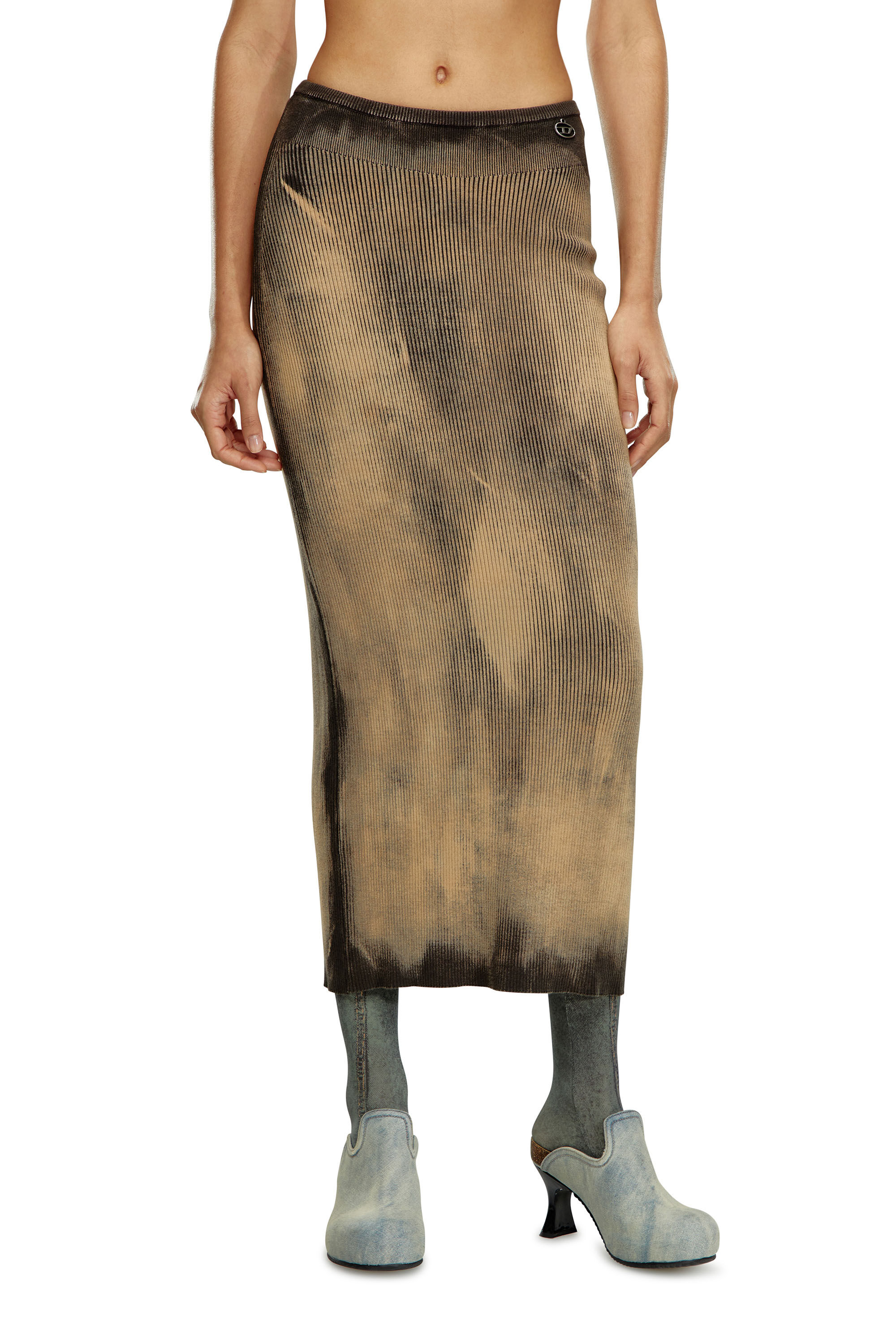 Diesel - M-DELMA, Woman Midi skirt in treated ribbed knit in Brown - Image 3