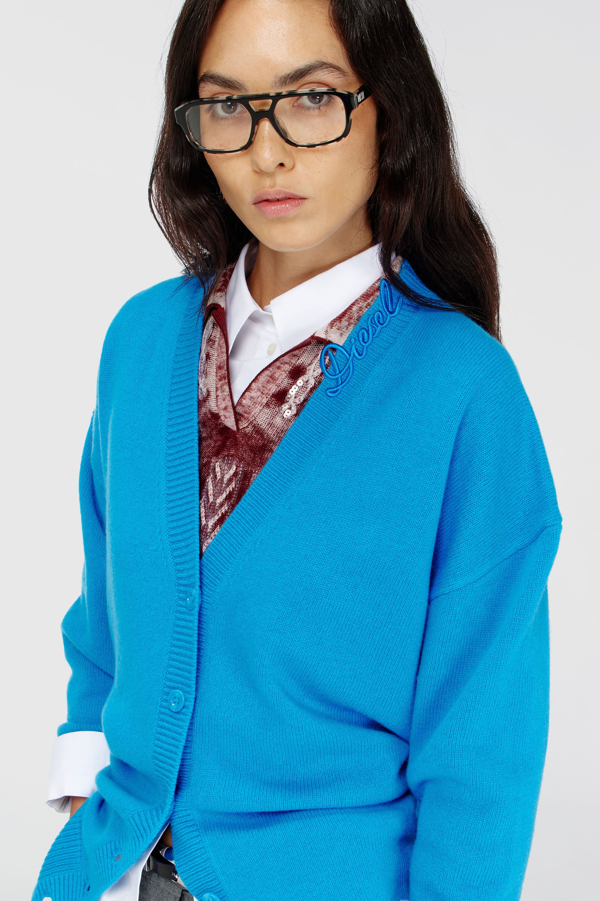 Diesel - M-IMIRA, Damen Wollcardigan mit V-Ausschnitt und Logo am Kragen in Azurblau - 4