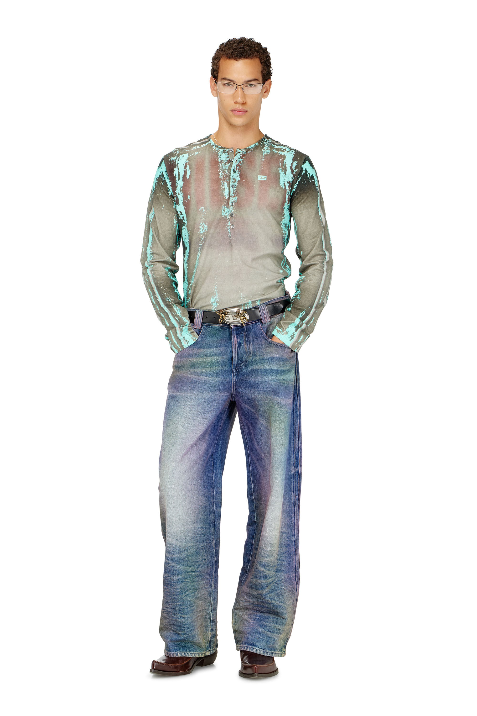 Diesel - T-FYNO-ML, Herren Grandad T-Shirt aus Jersey mit Leder-Crack-Effekt in null - 1