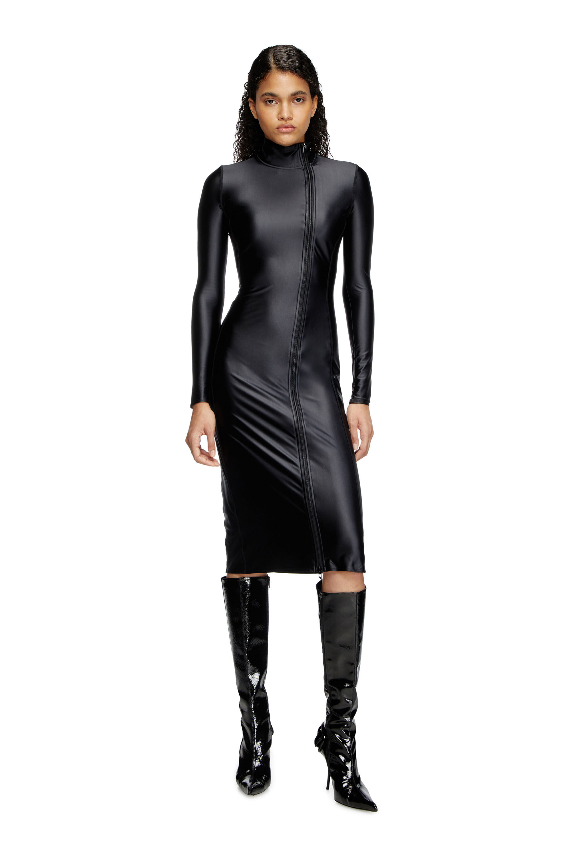 Diesel - D-SILVER, Damen Langarm-Midi-Kleid mit Stehkragen und Finish aus Chintz in Schwarz - 3