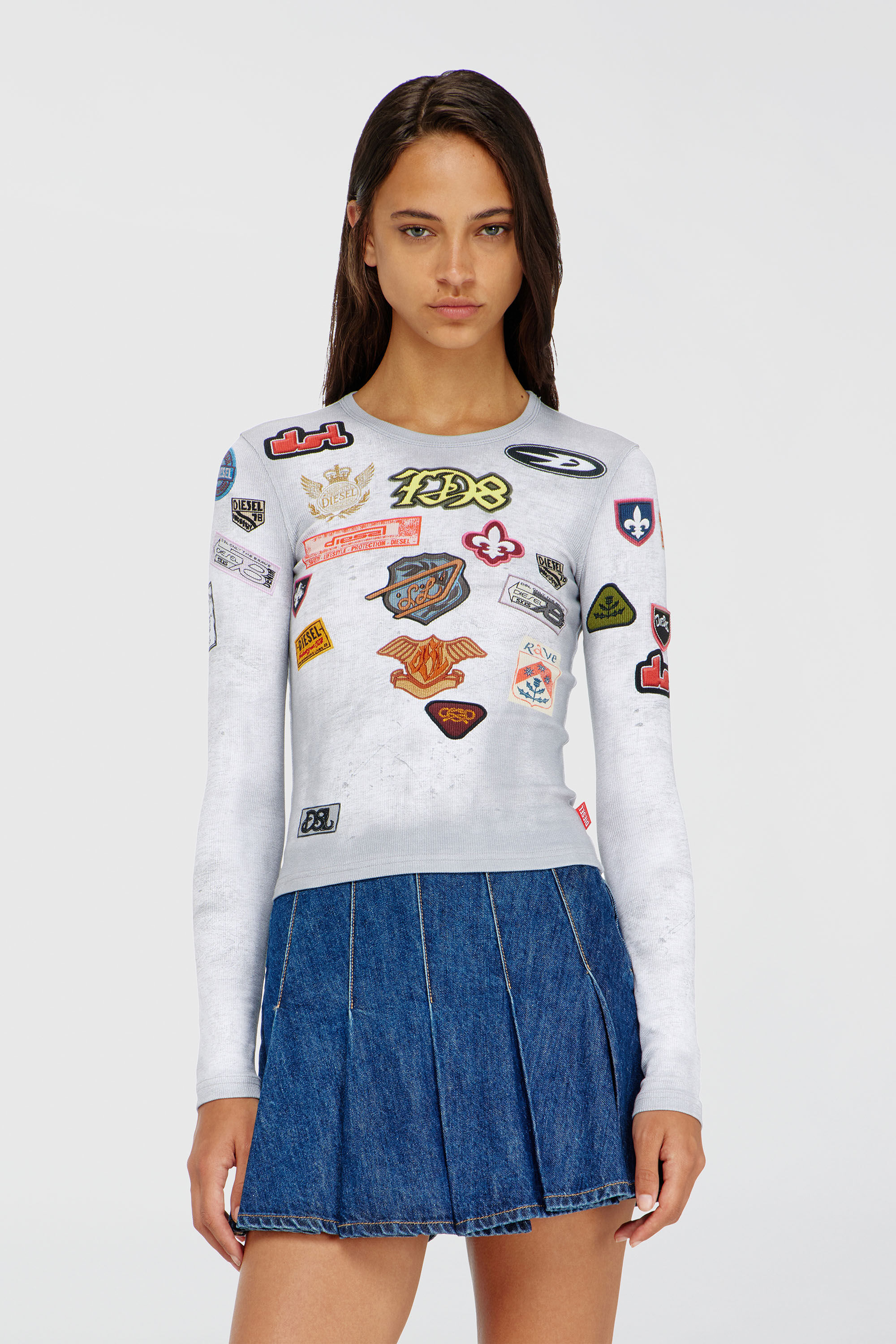 Diesel - T-ELE-LONGSLEEVE, Damen Top aus Rippjersey mit all-over Patch-Print in Wei&szlig; - 3