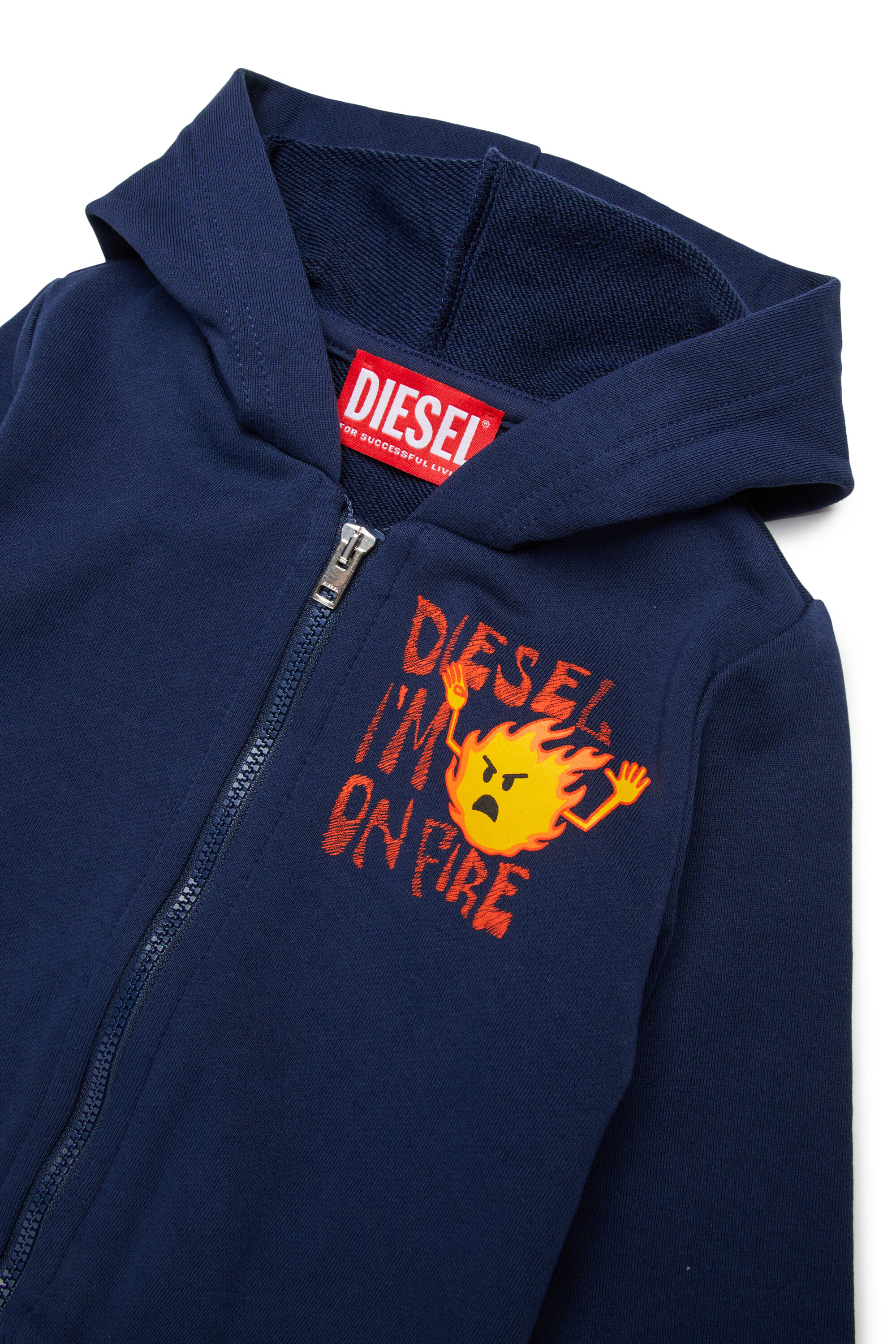 Diesel - SPILB, Herren Rei&szlig;verschluss-Kapuzenpullover aus Baumwolle mit Flammenprint in Blau - 3