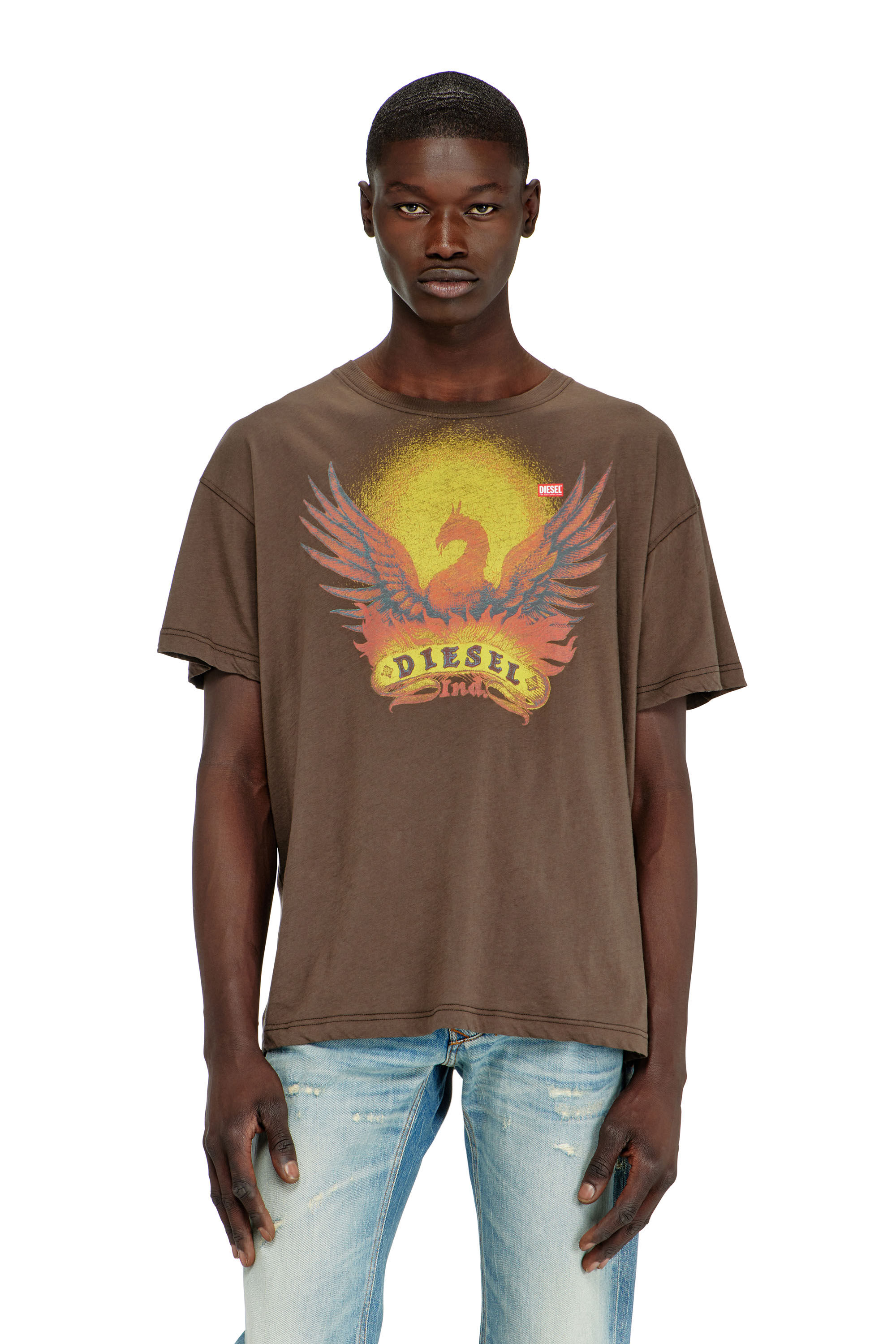 Diesel - T-NORM-AA1, Herren Regul&auml;res T-Shirt mit Ph&ouml;nix-Print in Braun - 3