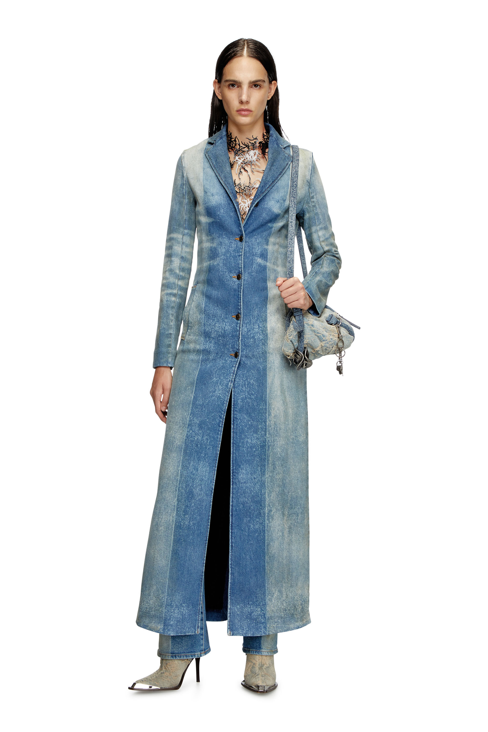 Diesel - DE-LAMOUR-FSF, Damen Mantel aus Denim mit solarisierten Falten in Mittelblau - 3