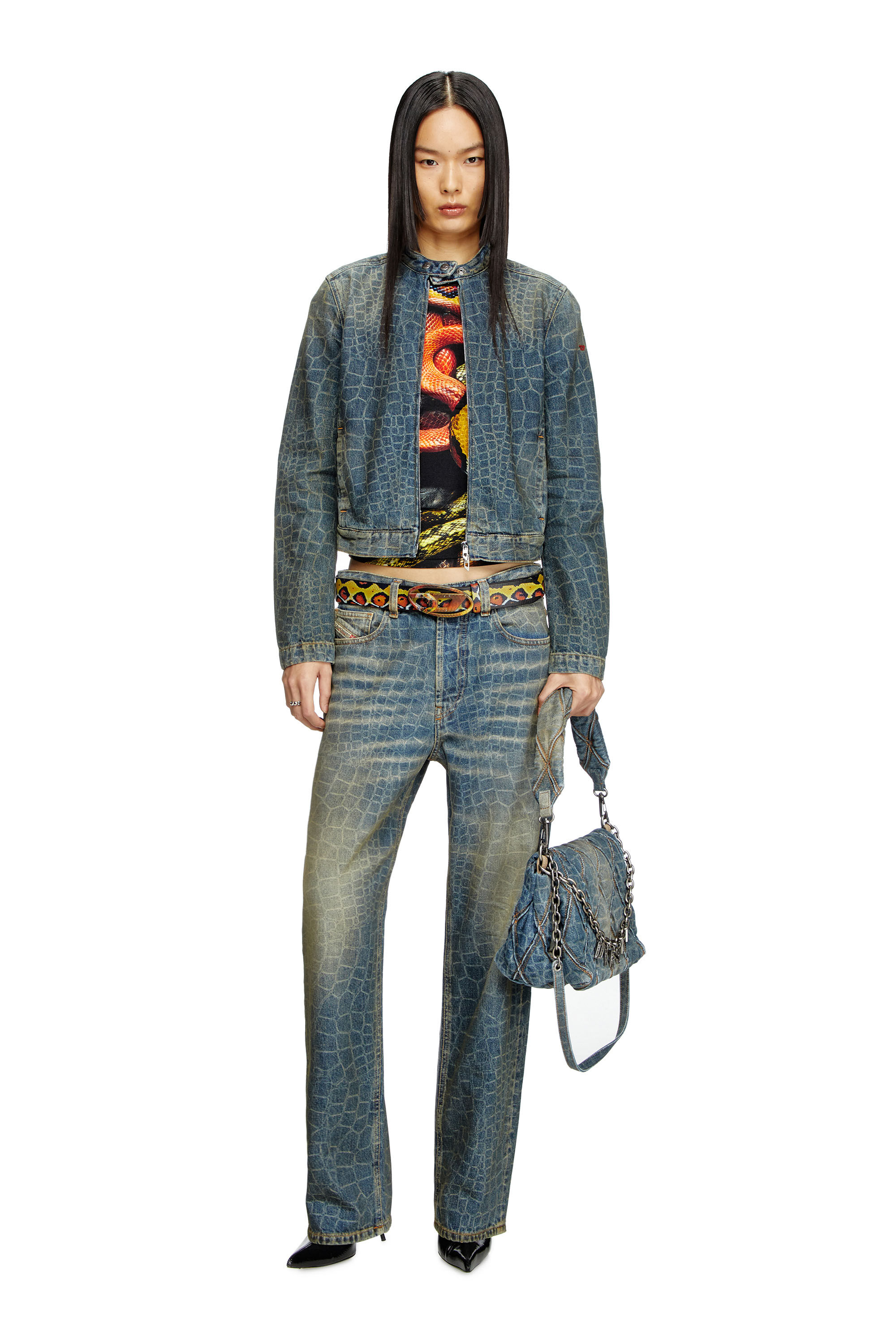 Diesel - CL-DE-MORNIN-SNAKE, Damen Motorradjacke aus Denim mit Schlangen-Print in Dunkelblau - 1